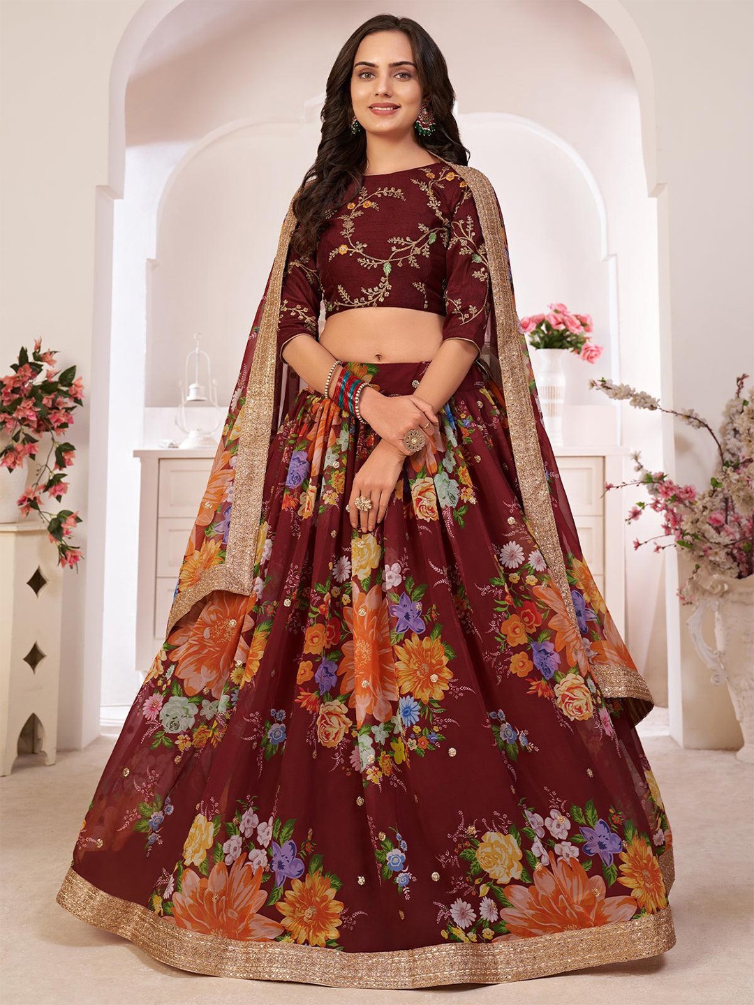 ODETTE Floral Printed & Sequinned Semi-Stitched Lehenga & Unstitched Blouse With Dupatta, Maroon