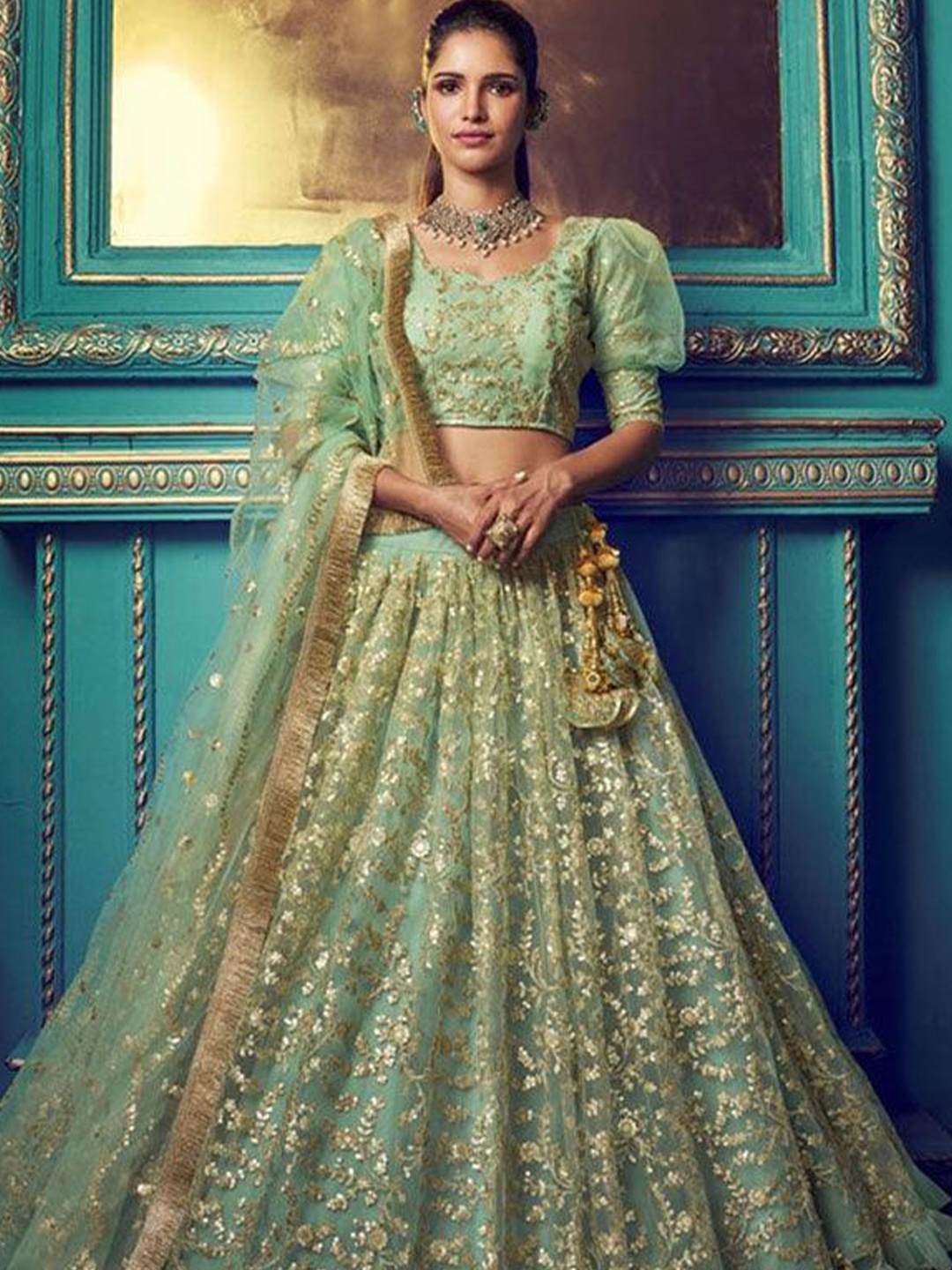 

ODETTE Embroidered Sequinned Semi-Stitched Lehenga & Unstitched Blouse With Dupatta, Green