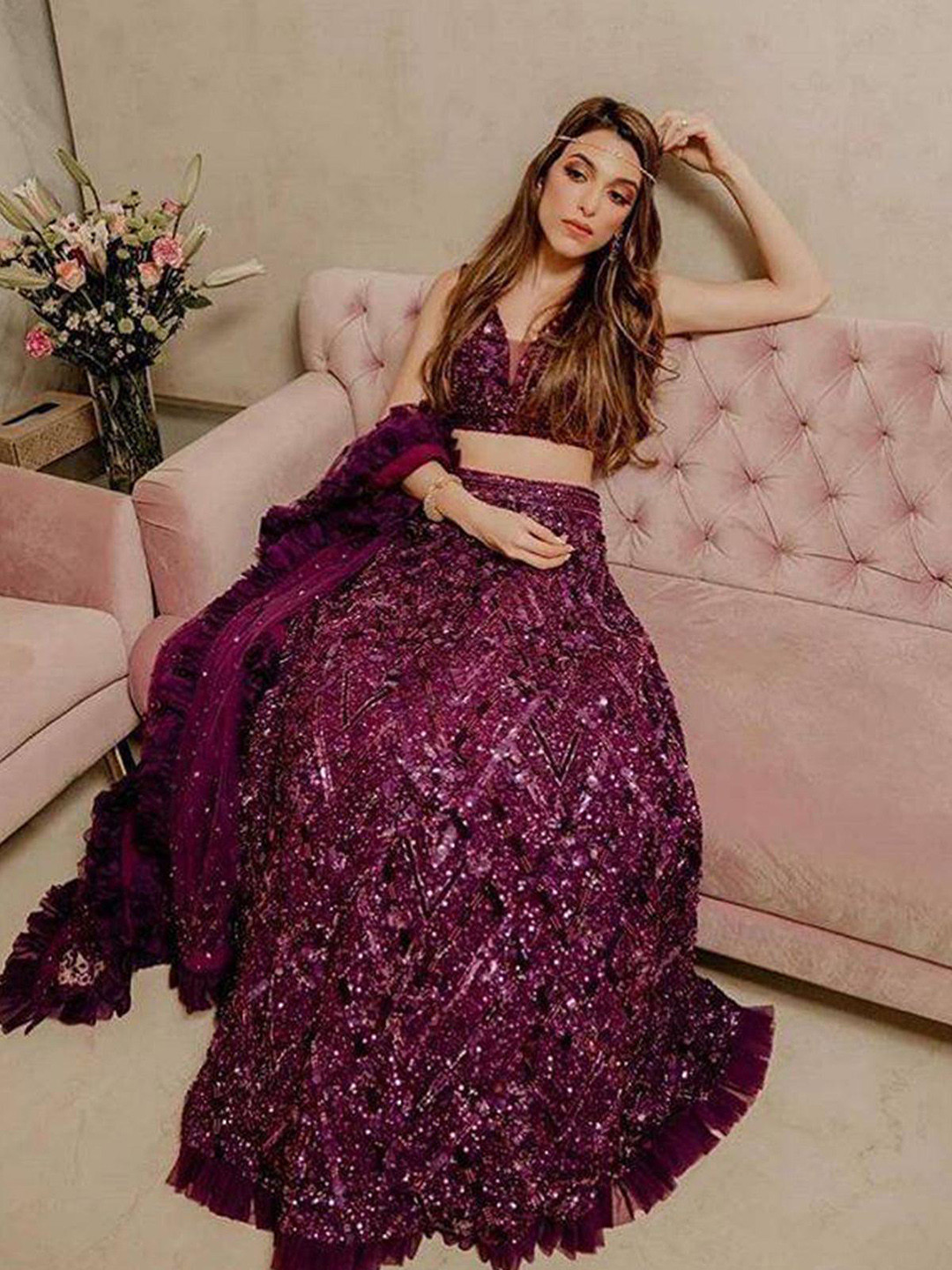 

ODETTE Embellished Sequinned Semi-Stitched Lehenga & Unstitched Blouse With Dupatta, Purple