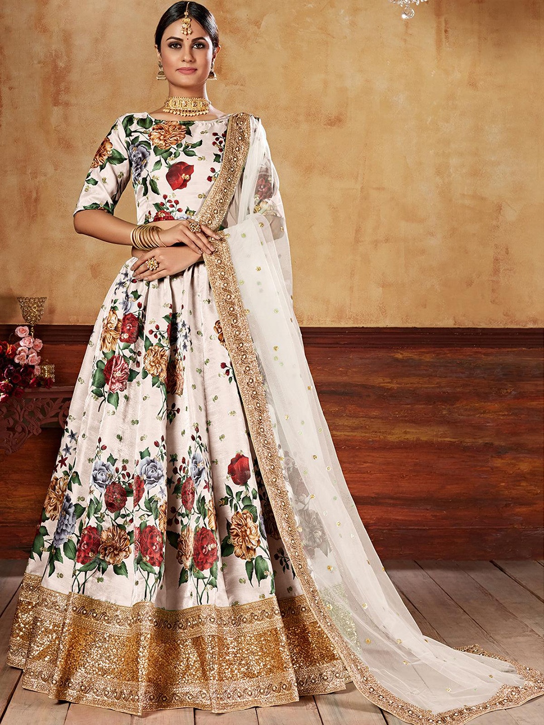 

ODETTE Printed Semi-Stitched Lehenga & Unstitched Blouse With Dupatta, White