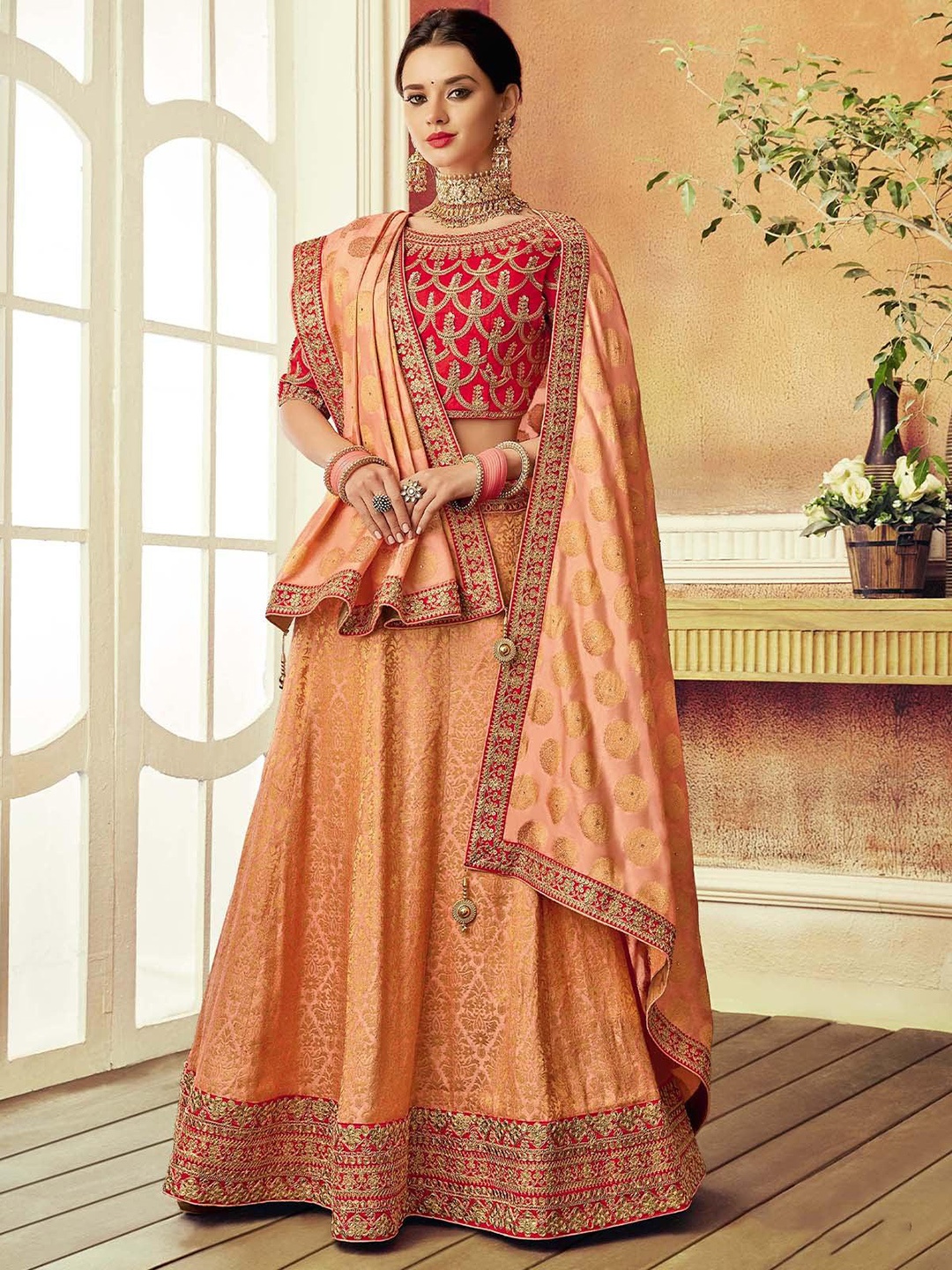 

ODETTE Embroidered Thread Work Semi-Stitched Lehenga & Unstitched Blouse With Dupatta, Peach