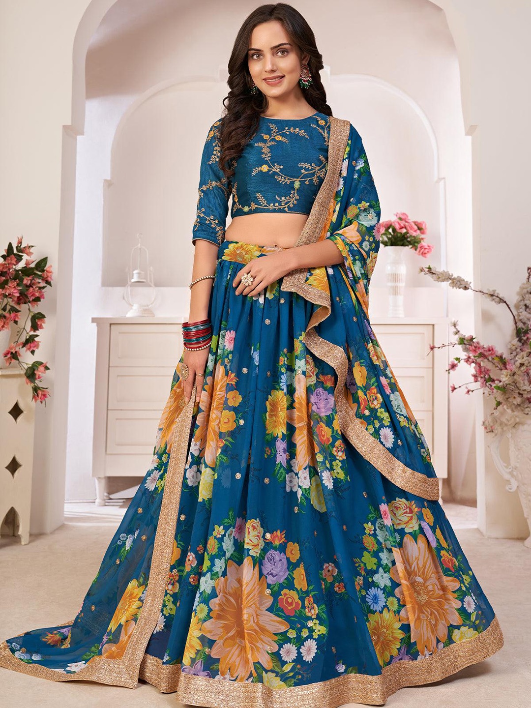 ODETTE Embroidered Thread Work Semi-Stitched Lehenga & Unstitched Blouse With Dupatta, Blue