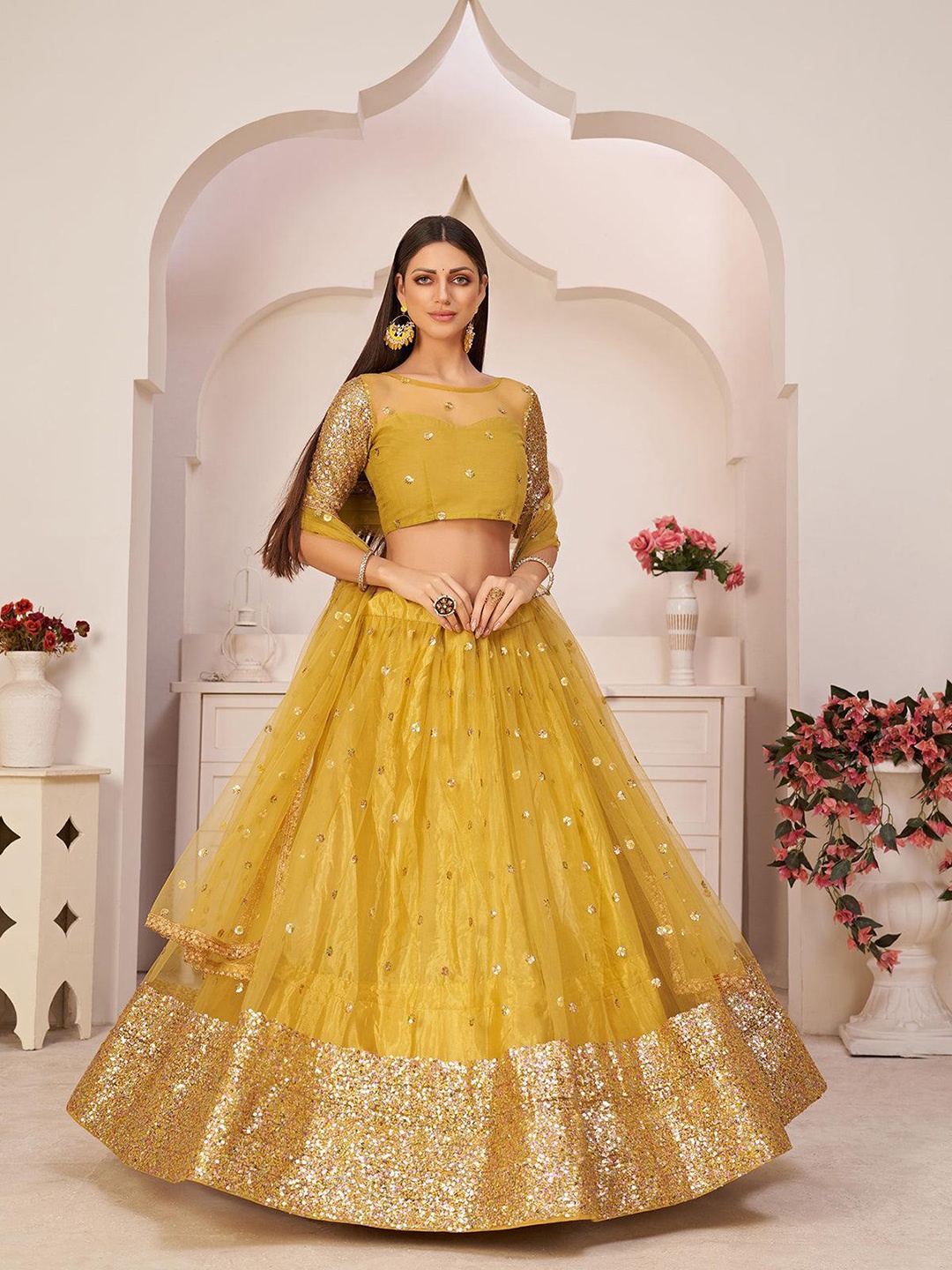 

ODETTE Embellished Sequinned Semi-Stitched Lehenga & Unstitched Blouse With Dupatta, Yellow