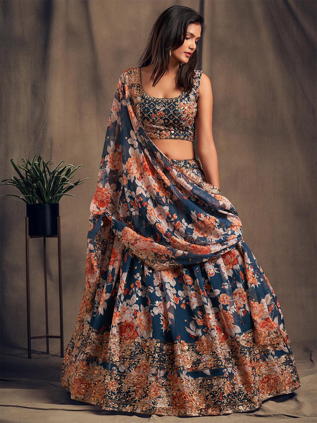 

ODETTE Floral Printed Sequinned Semi-Stitched Lehenga & Unstitched Blouse With Dupatta, Navy blue