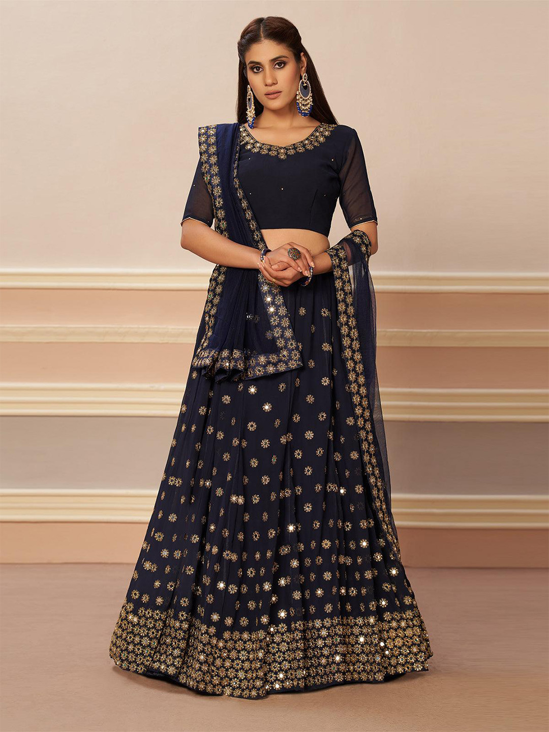 

ODETTE Mirror Work Embellished Semi-Stitched Lehenga & Unstitched Blouse With Dupatta, Blue