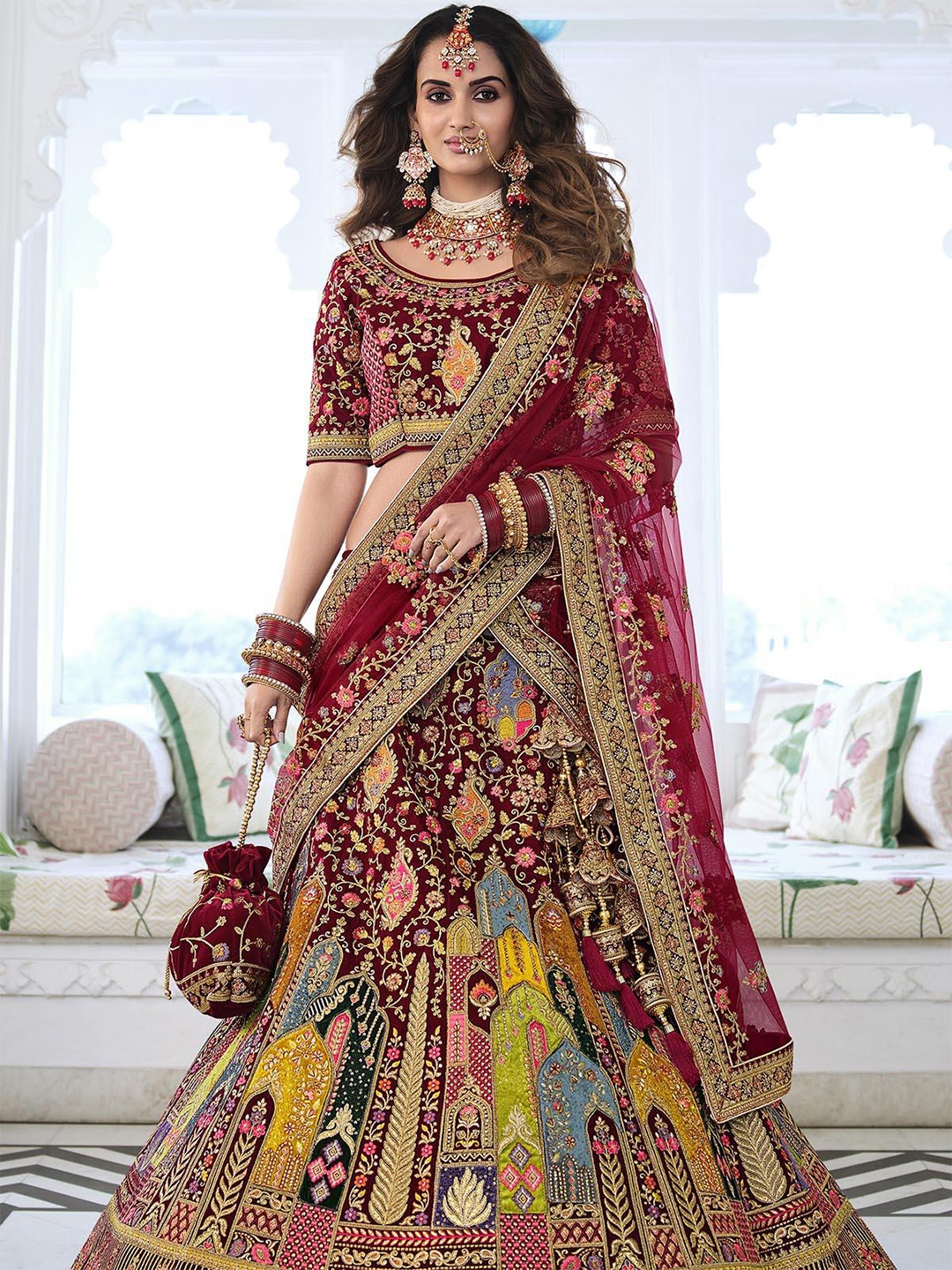 

ODETTE Embroidered Thread Work Semi-Stitched Lehenga & Unstitched Blouse With Dupatta, Maroon