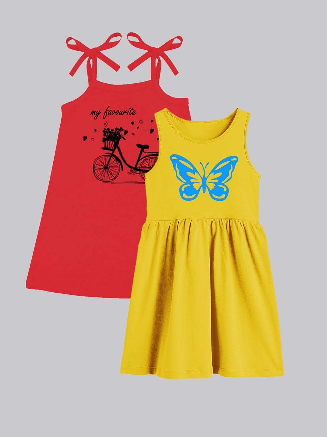

A.T.U.N. Girls Pack Of 2 Printed Sleeveless Cotton Fit & Flare Dress, Yellow