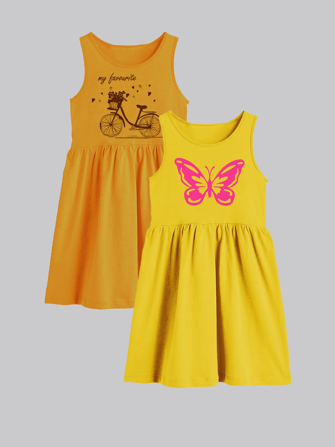 

A.T.U.N. Girls Pack Of 2 Printed Sleeveless Cotton Fit & Flare Dress, Yellow