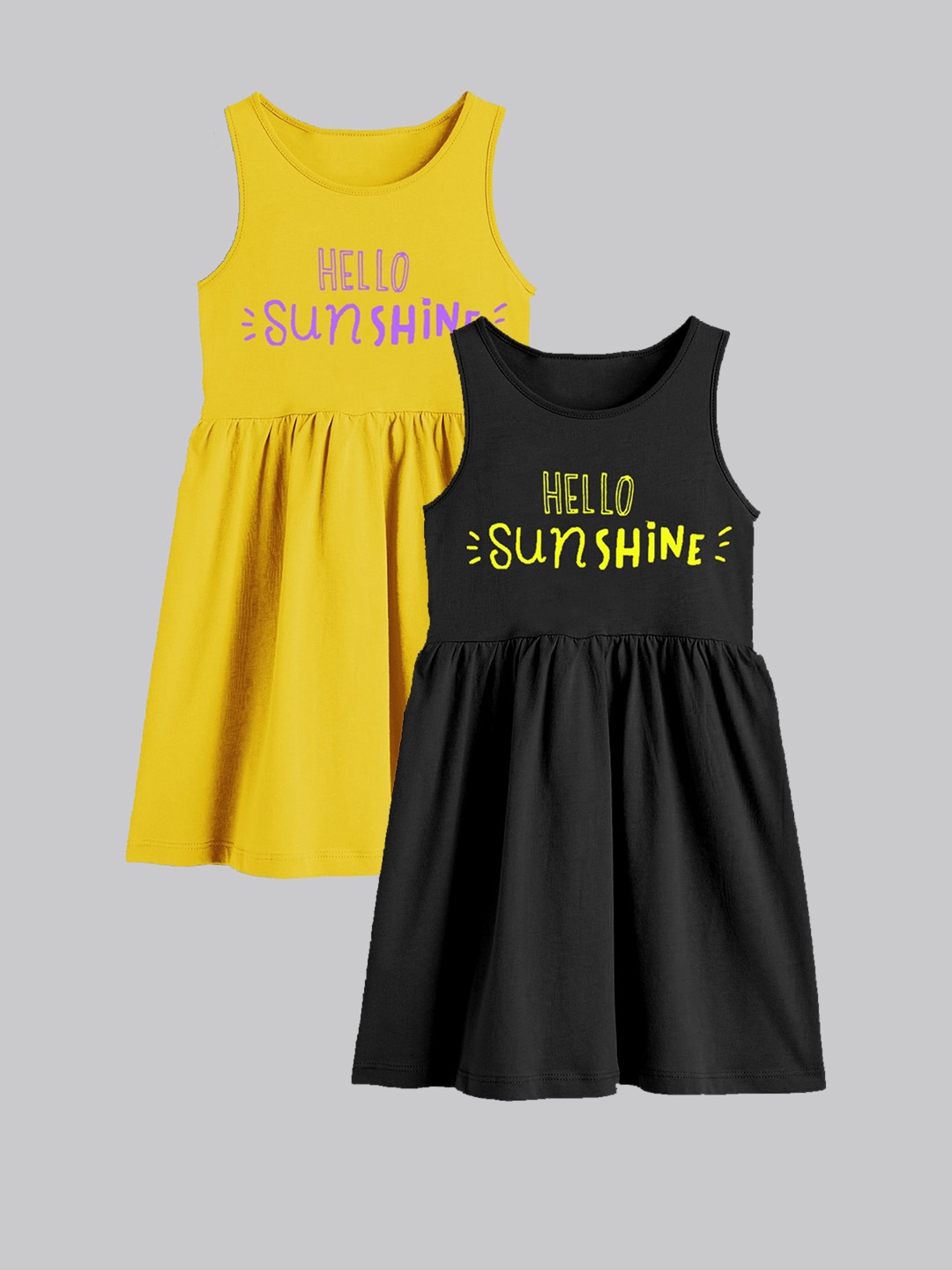 

A.T.U.N. Girls Pack Of 2 Typography Printed Cotton Fit & Flare Dress, Black