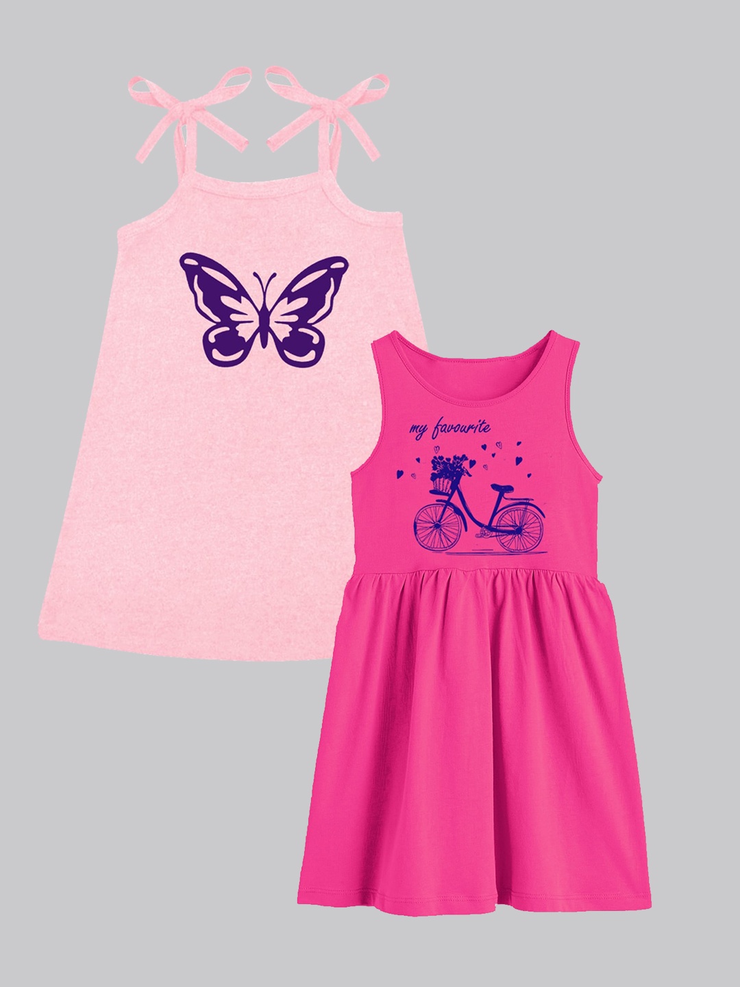 

A.T.U.N. Girls Pack Of 2 Printed Sleeveless Cotton Fit & Flare Dress, Fuchsia
