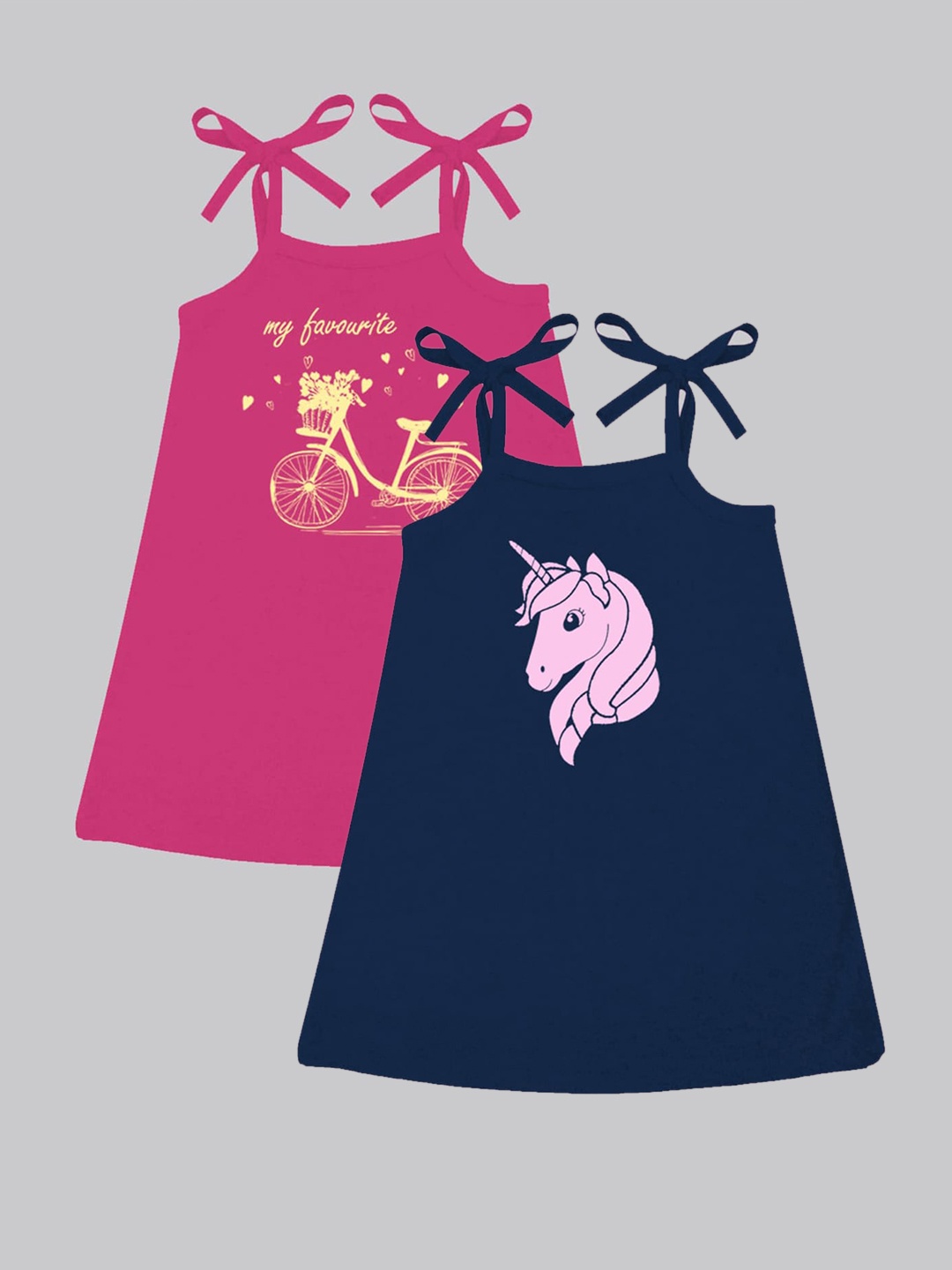 

A.T.U.N. Girls Graphic Pack Of 2 Graphic Printed Cotton A-Line Dress, Navy blue