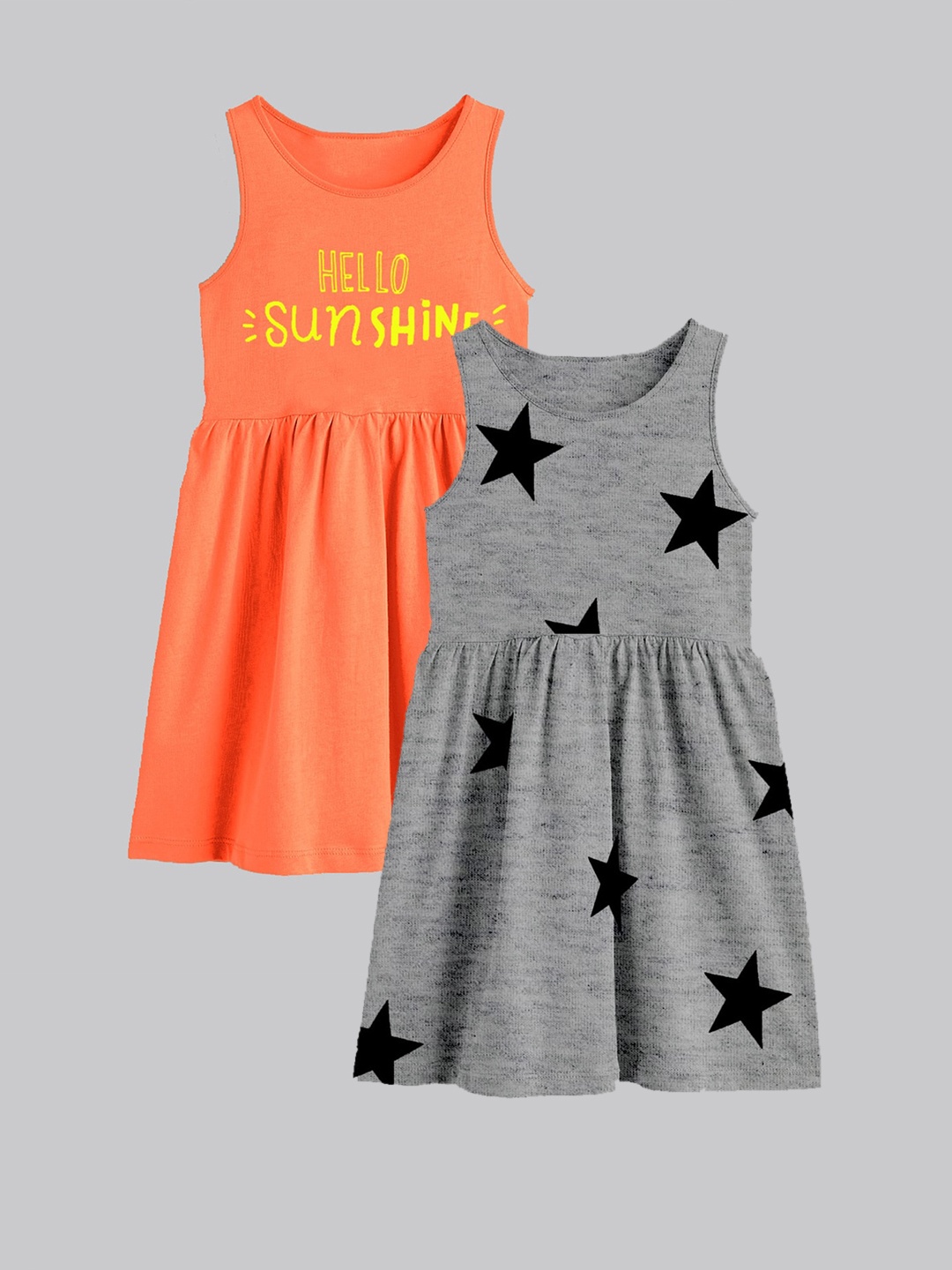 

A.T.U.N. Girls Pack Of 2 Printed Sleeveless Cotton Fit & Flare Dress, Grey melange