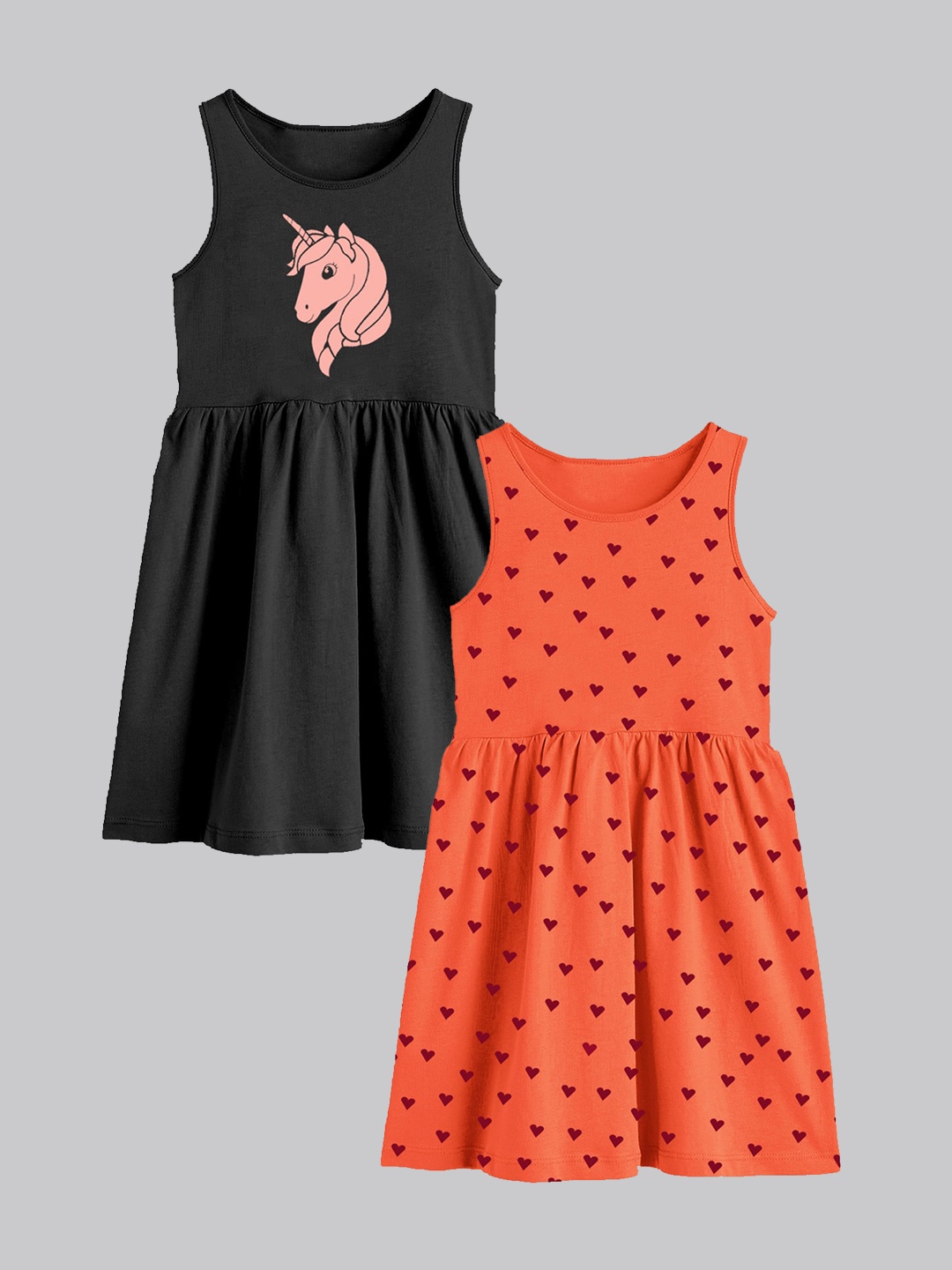 

A.T.U.N. Girls Pack Of 2 Printed Sleeveless Cotton Fit & Flare Dress, Orange