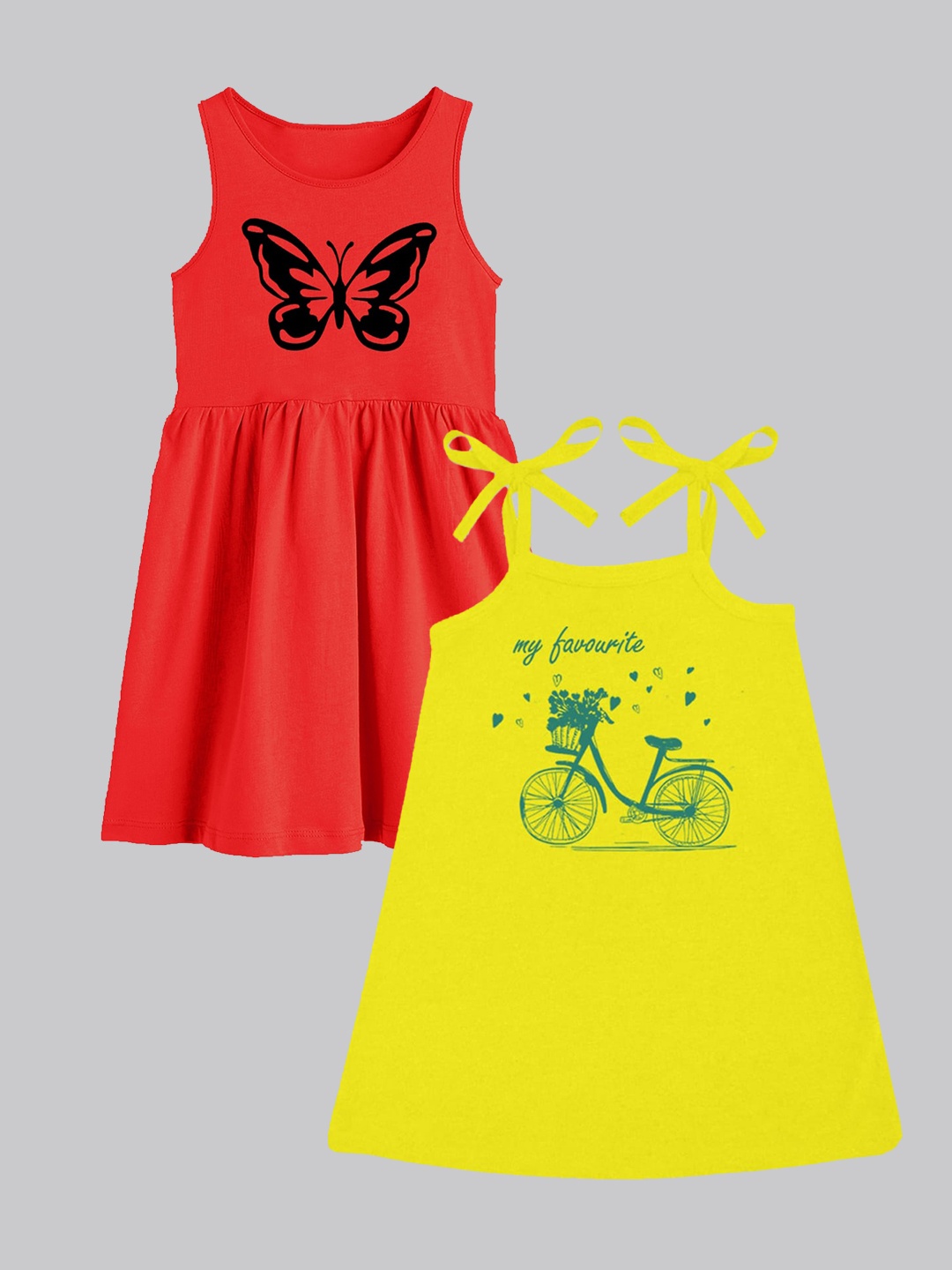 

A.T.U.N. Girls Pack Of 2 Printed Sleeveless Cotton Fit & Flare Dress, Yellow