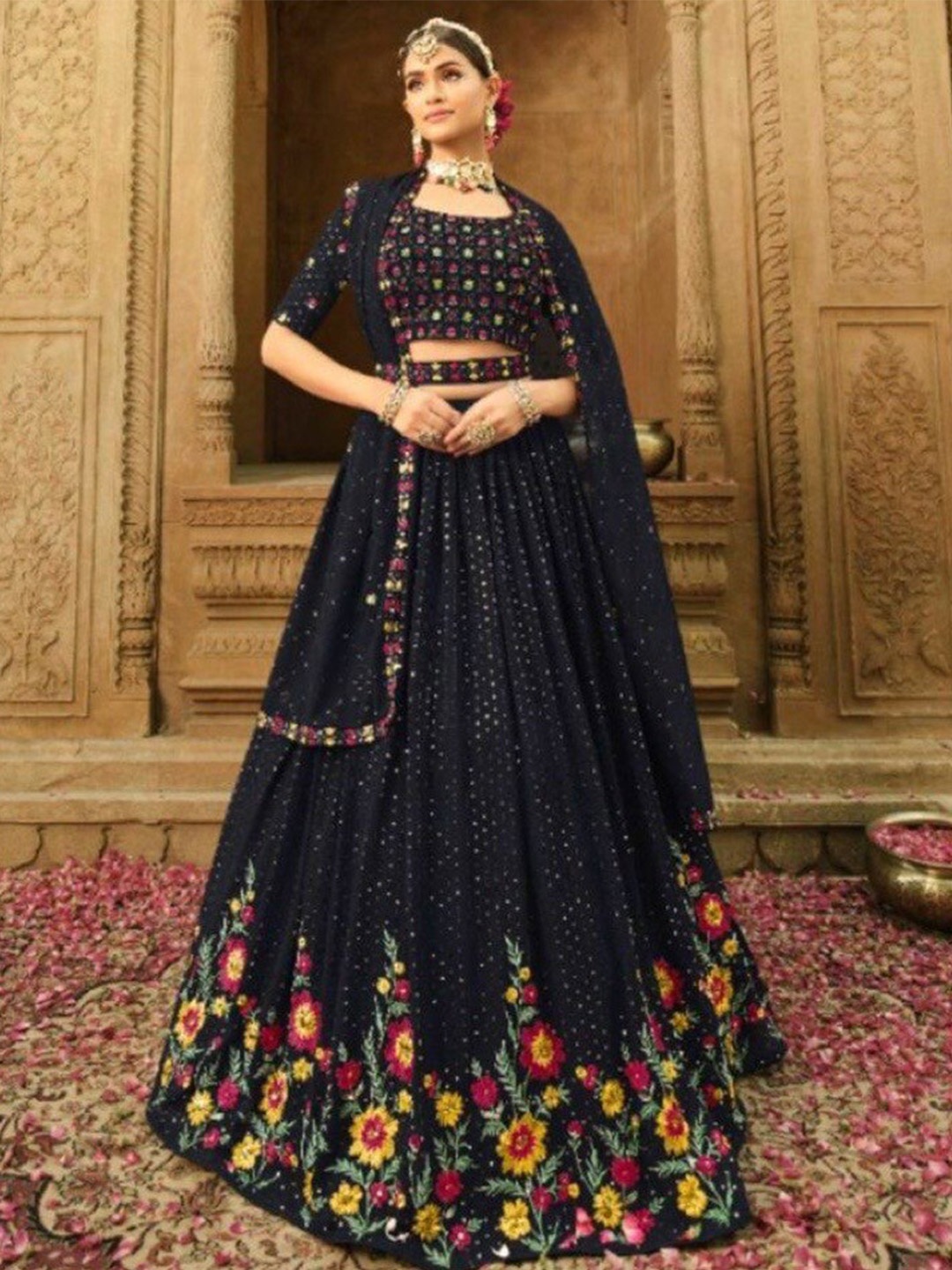 

Sarvayog Fashion Floral Sequinned Poly Georgette Semi Stitched Lehenga Choli With Dupatta, Black