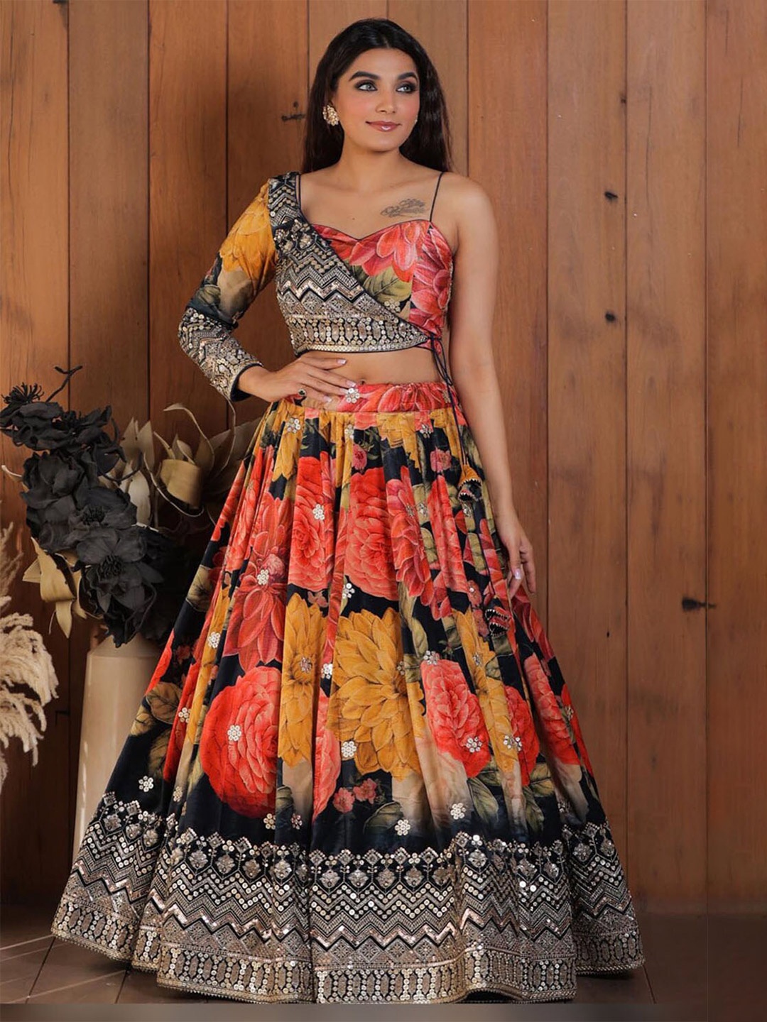 

Sarvayog Fashion Floral Printed Sequinned Silk Semi Stitched Lehenga Choli With Dupatta, Black
