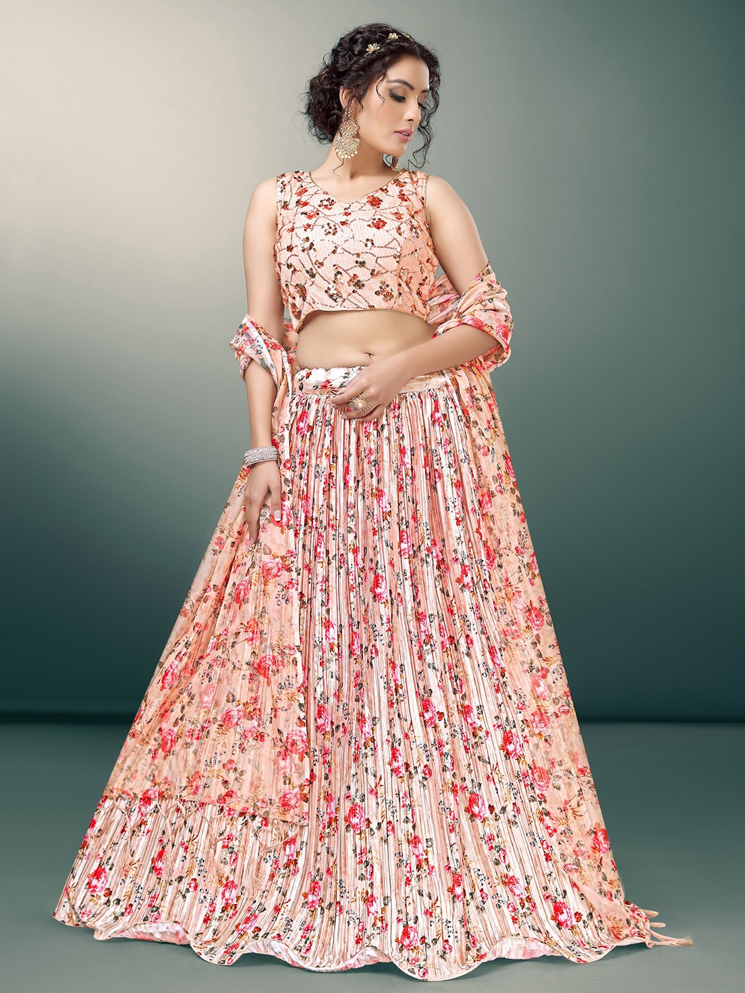 

Sarvayog Fashion Floral Printed Satin Semi Stitched Lehenga Choli With Dupatta, Peach