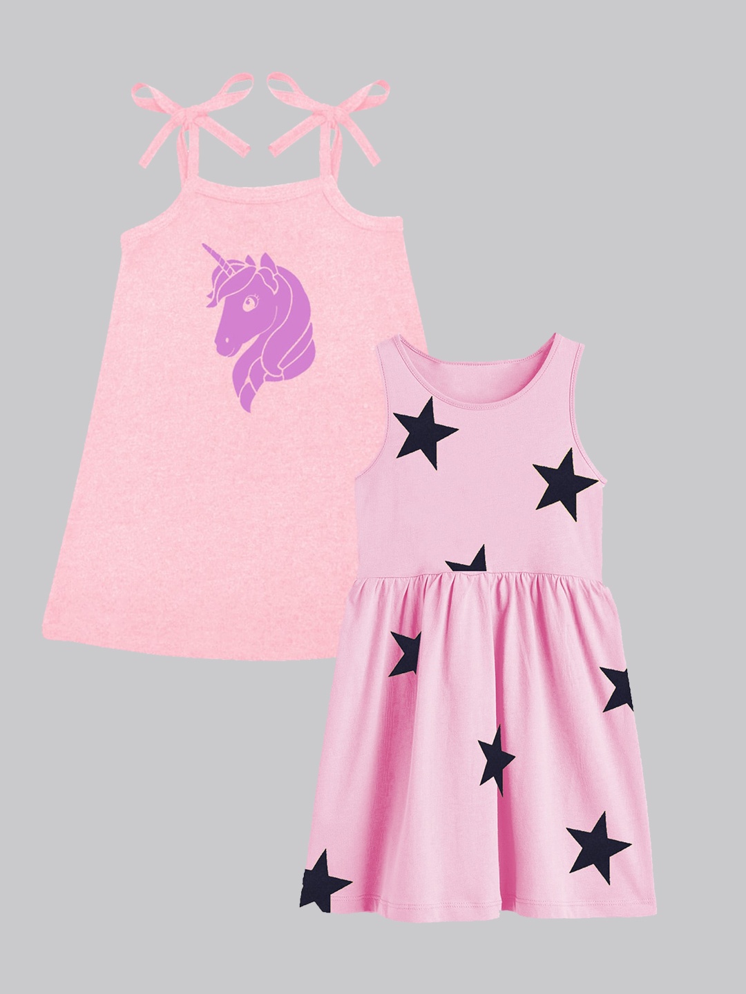 

A.T.U.N. Girls Pack Of 2 Printed Sleeveless Cotton Fit & Flare Dress, Pink