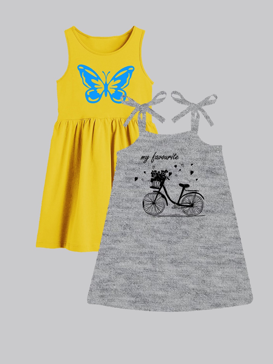 

A.T.U.N. Girls Pack Of 2 Printed Sleeveless Cotton A-Line Dress, Grey melange