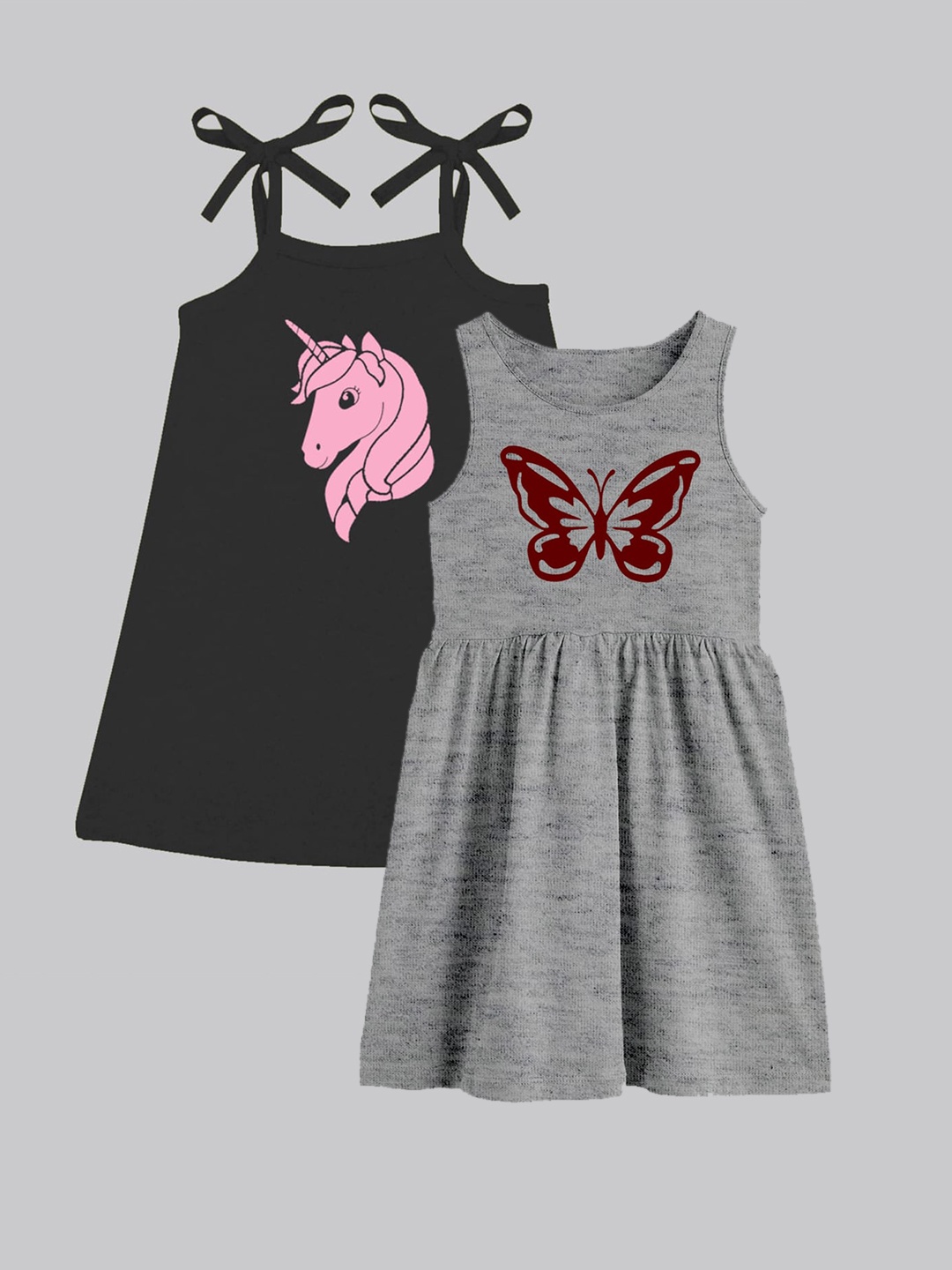 

A.T.U.N. Girls Pack Of 2 Printed Sleeveless Cotton Fit & Flare Dress, Grey melange