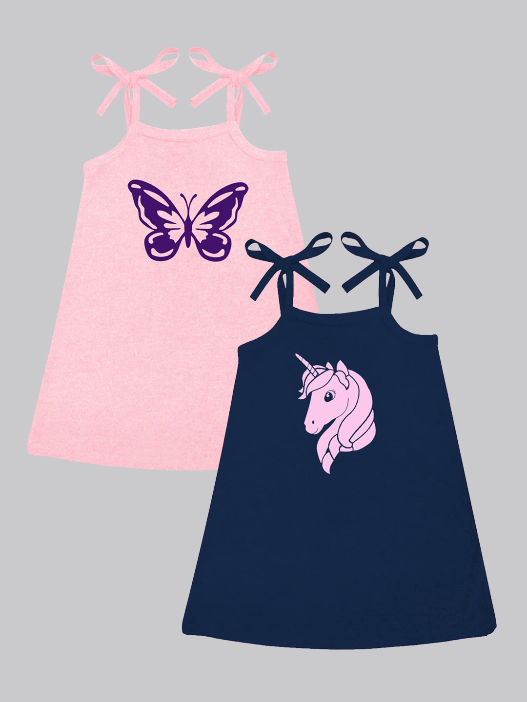 

A.T.U.N. Girls Pack Of 2 Printed Sleeveless Cotton Fit & Flare Dress, Navy blue