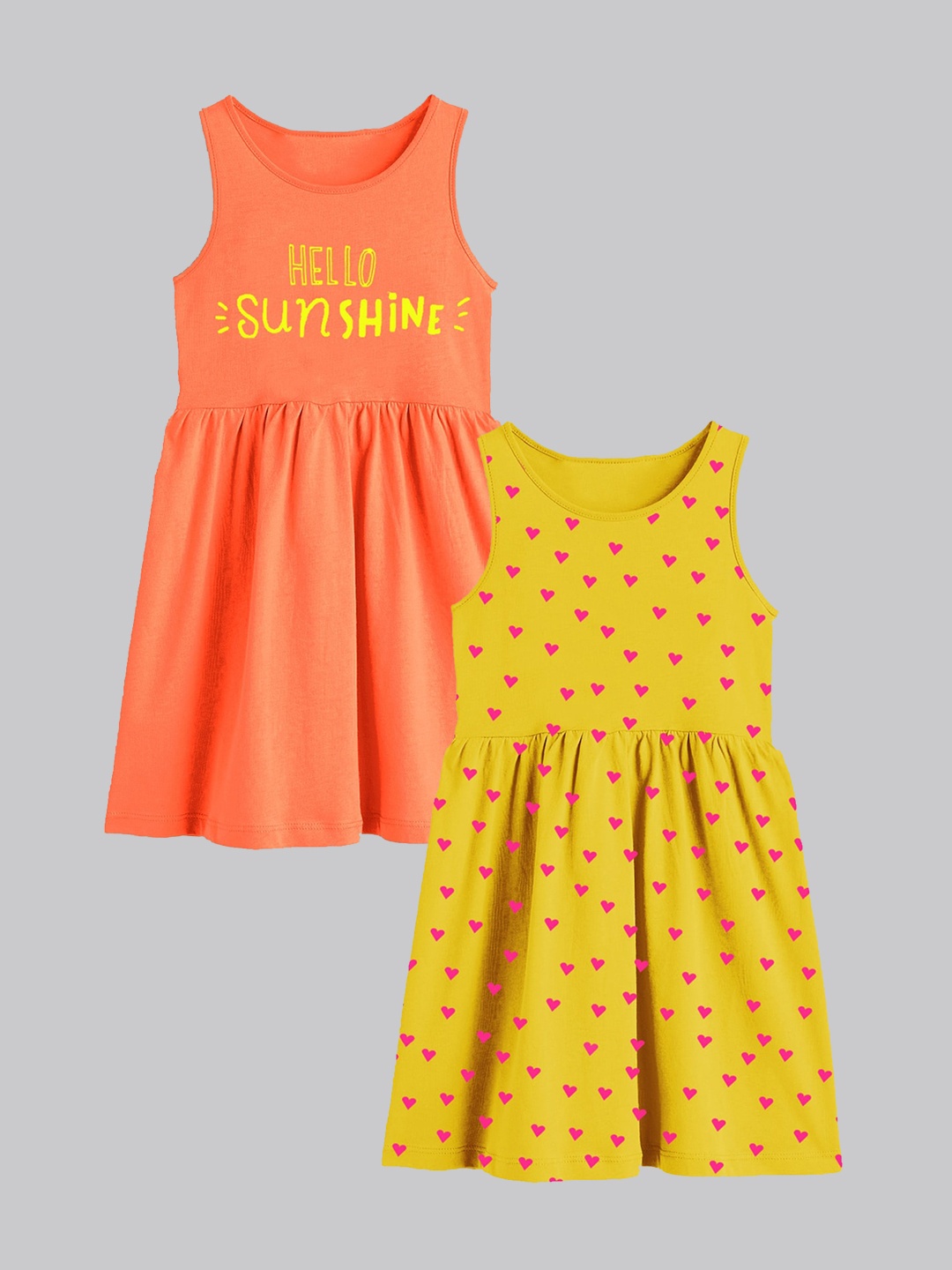 

A.T.U.N. Girls Pack Of 2 Printed Sleeveless Cotton Fit & Flare Dress, Yellow