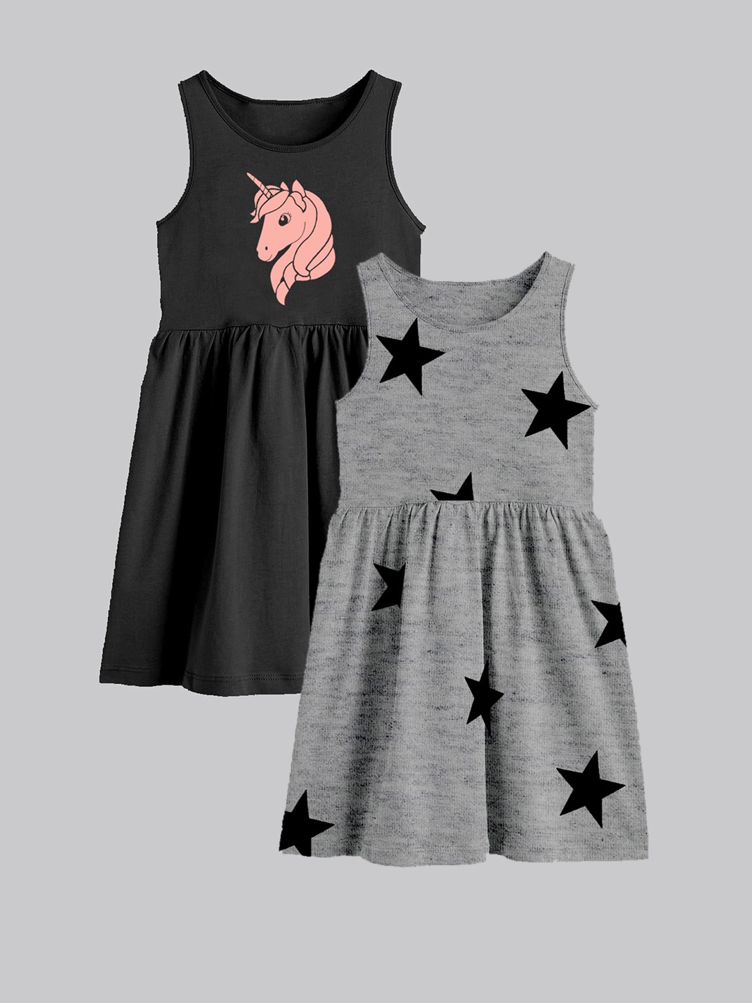 

A.T.U.N. Girls Pack Of 2 Printed Sleeveless Cotton Fit & Flare Dress, Grey melange