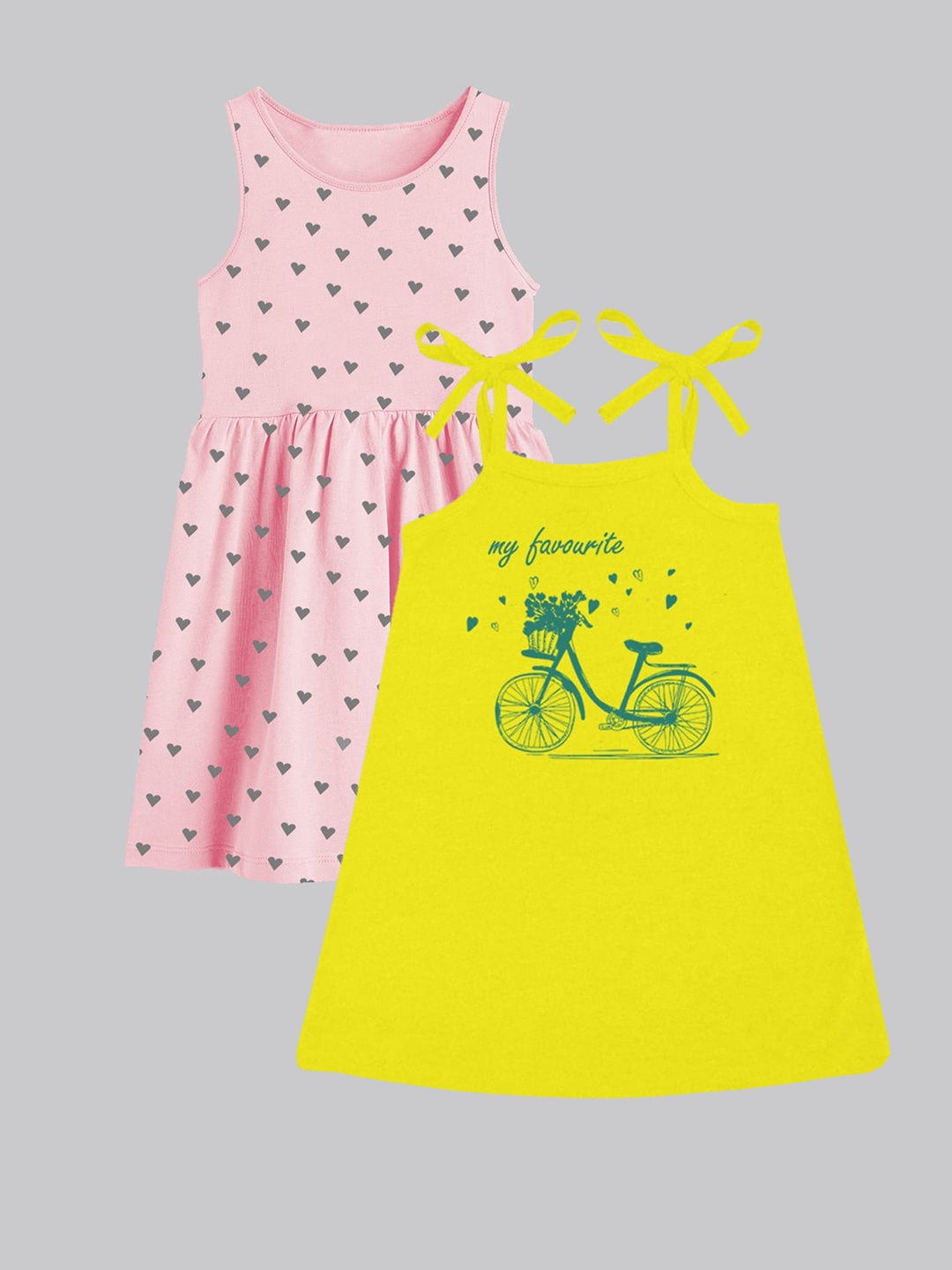 

A.T.U.N. Girls Pack Of 2 Printed Sleeveless Cotton A-Line Dress, Yellow