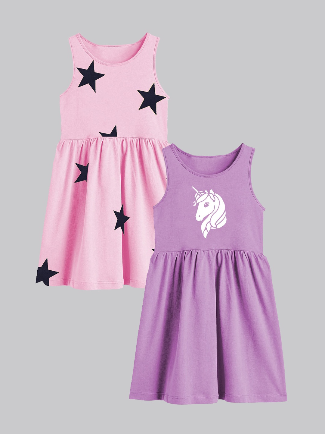 

A.T.U.N. Girls Pack Of 2 Printed Sleeveless Cotton Fit & Flare Dress, Lavender