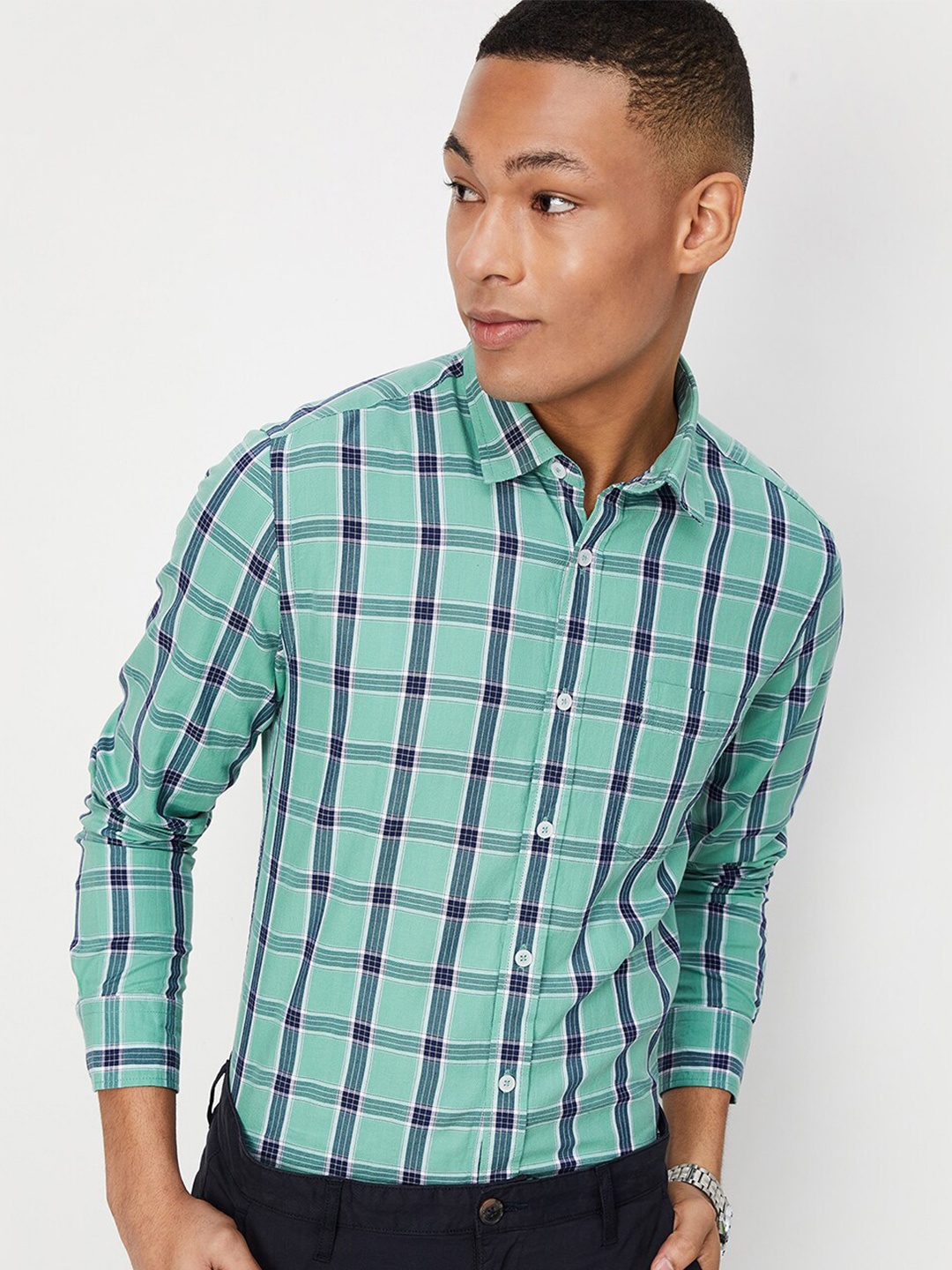 

max Tartan Checked Pure Cotton Casual Shirt, Green