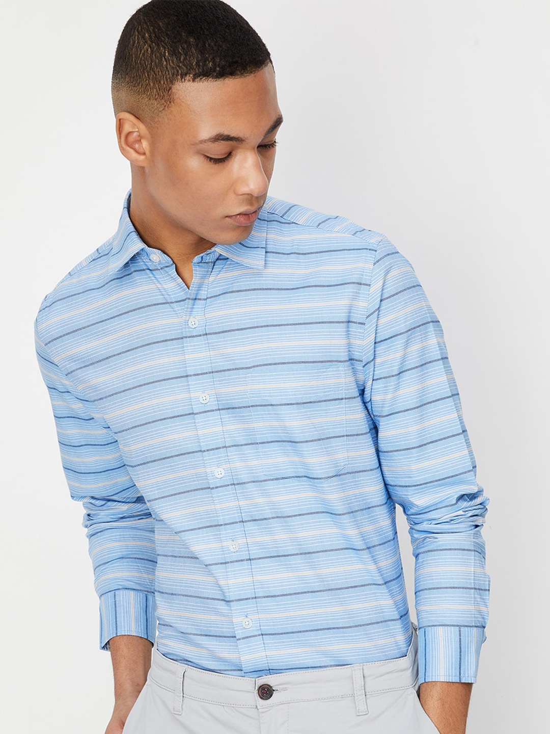 

max Horizontal Striped Pure Cotton Formal Shirt, Blue