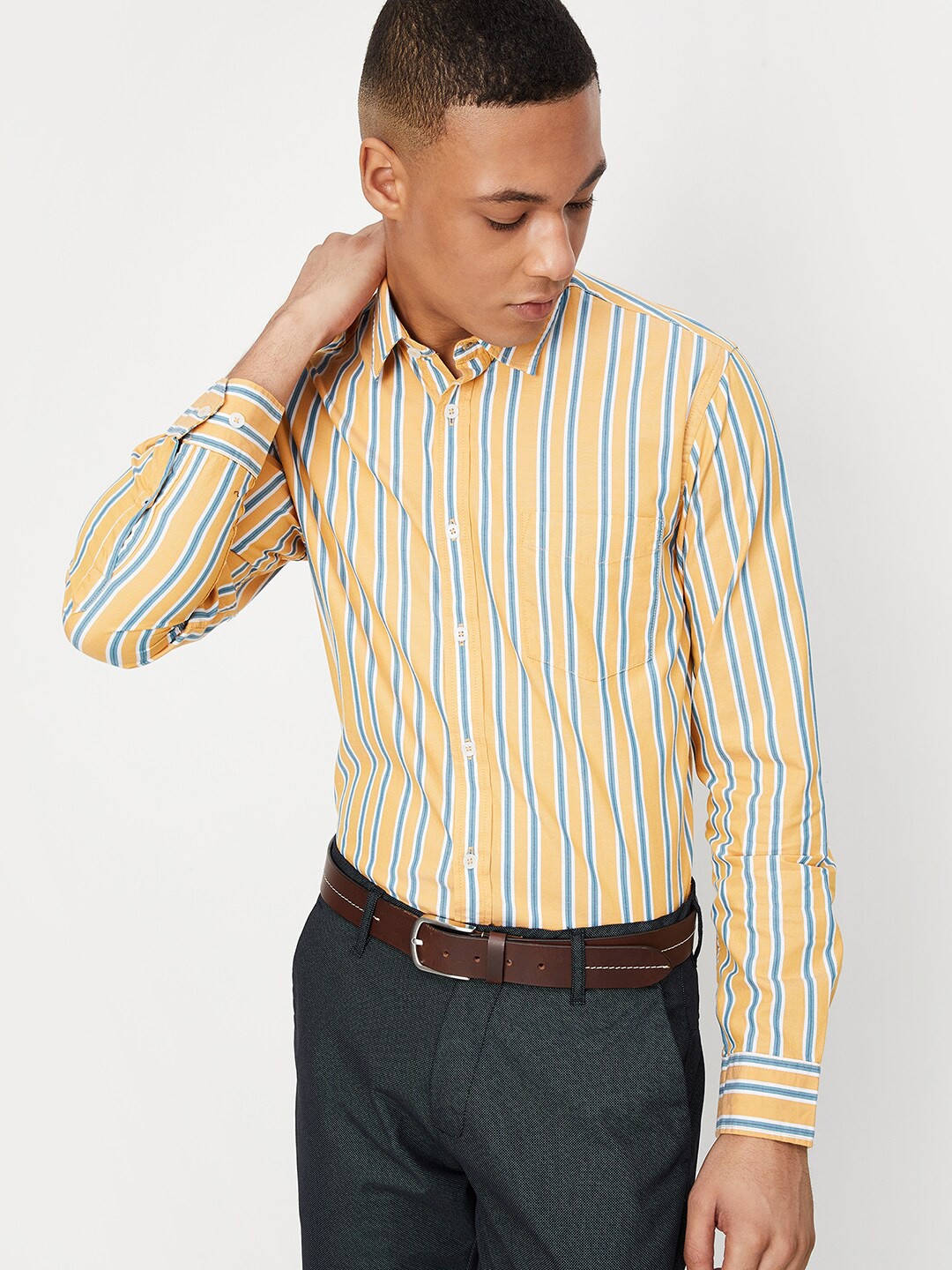

max Vertical Striped Pure Cotton Formal Shirt, Yellow