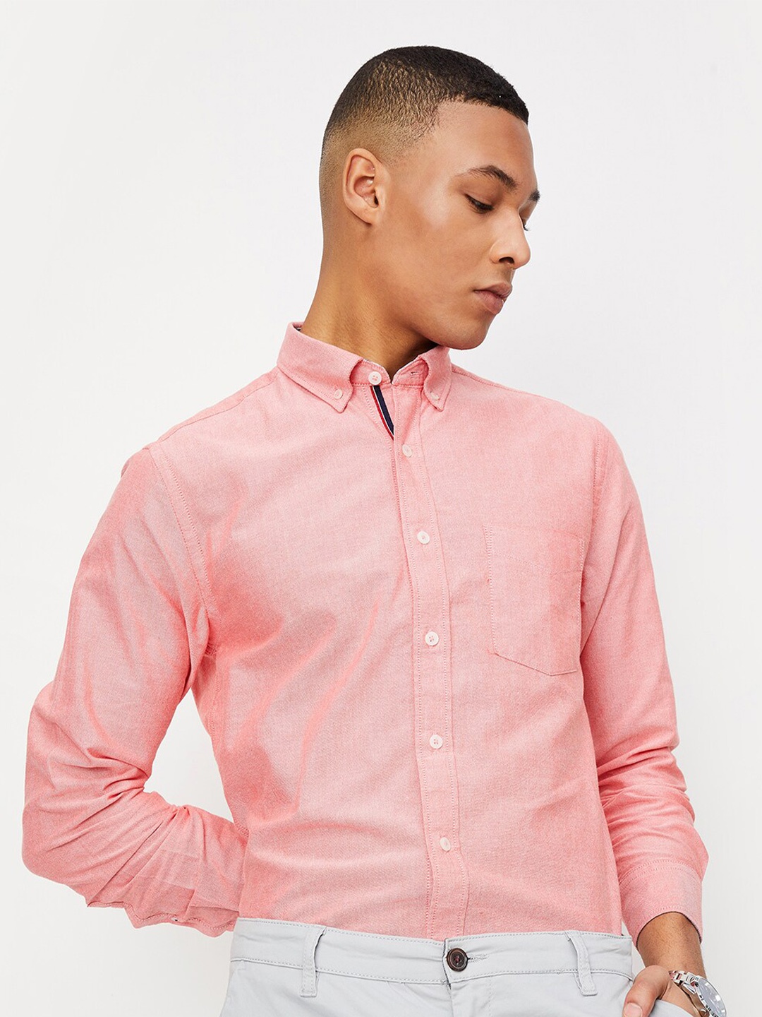 

max Button-Down Collar Casual Pure Cotton Shirt, Pink