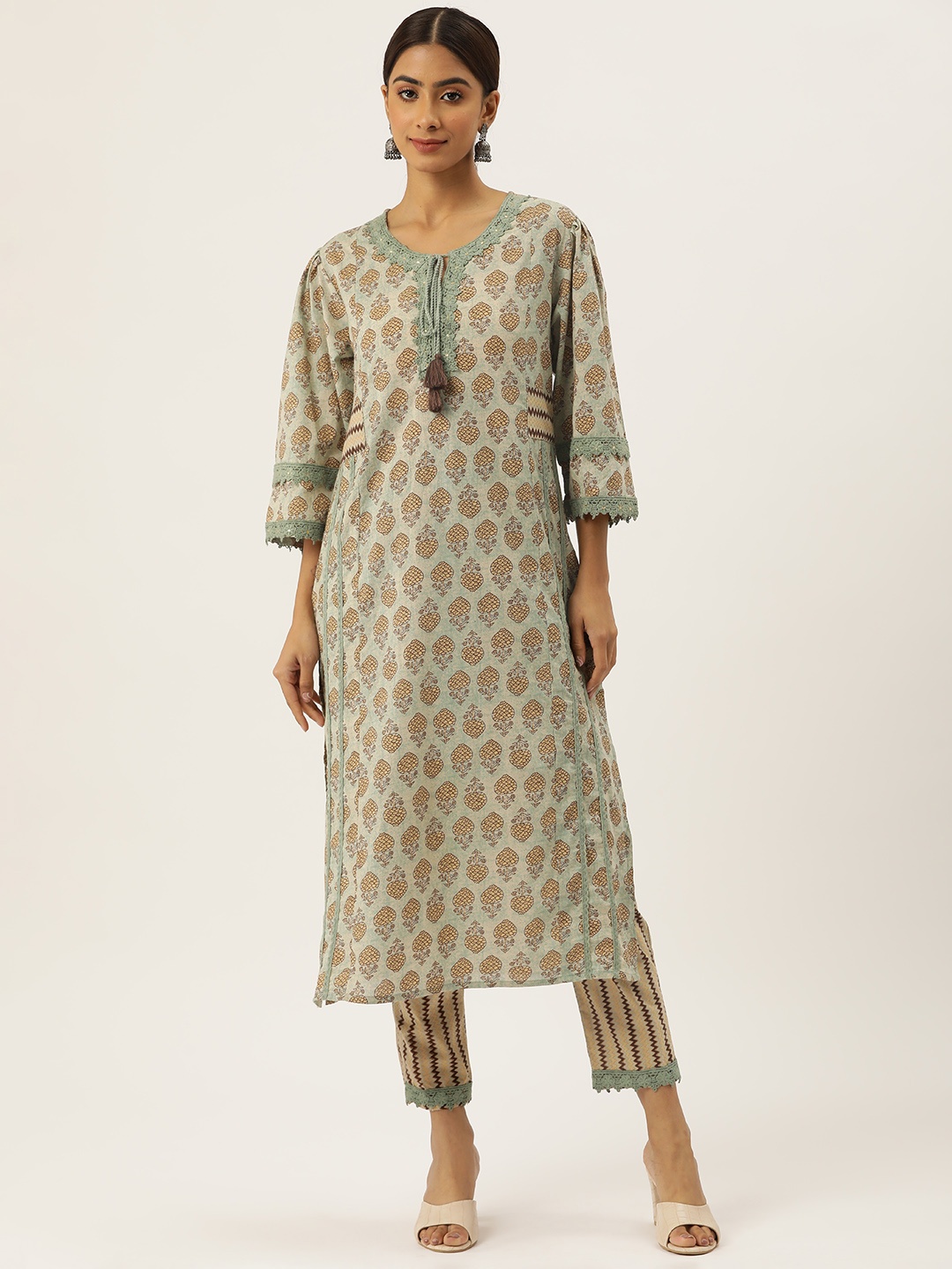 

MISRI Ethnic Motifs Printed Tie-Up Neck Sequinned Pure Cotton Kurta with Trousers, Green