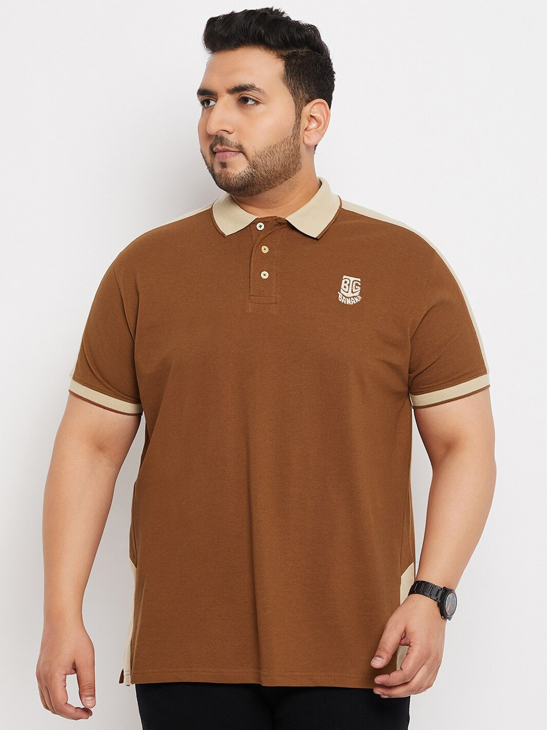 

bigbanana Plus Size Polo Collar Bio Finish Pure Cotton T-shirt, Brown