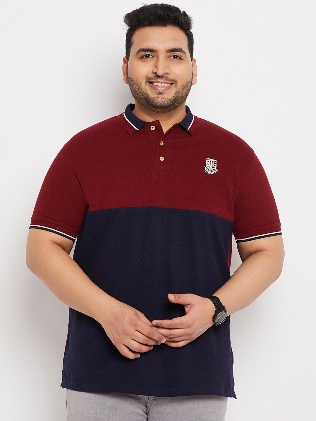 

bigbanana Colourblocked Polo Collar Pure Cotton Bio Finish T-shirt, Maroon