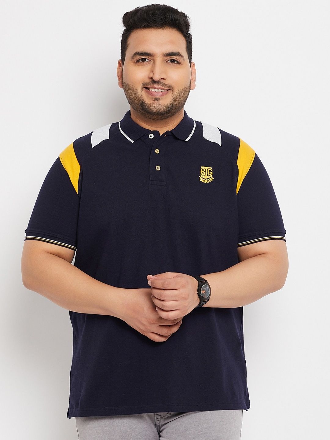 

bigbanana Plus Size Polo Collar Bio Finish Pure Cotton T-Shirt, Navy blue