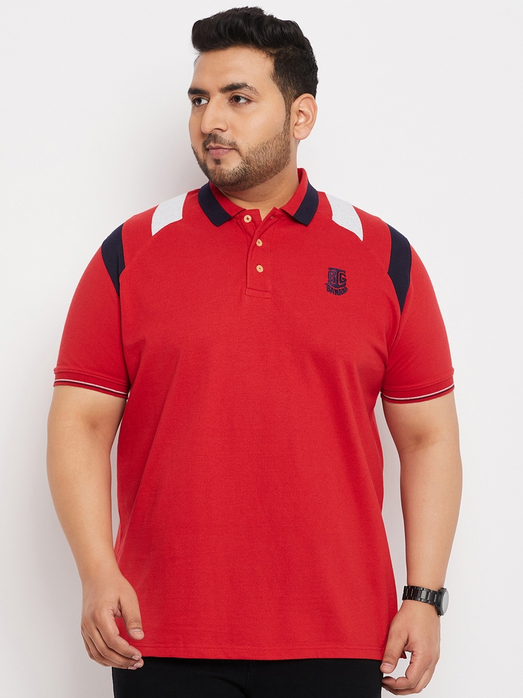 

bigbanana Pure Cotton Plus Size Colourblocked Polo Collar T-Shirt, Red