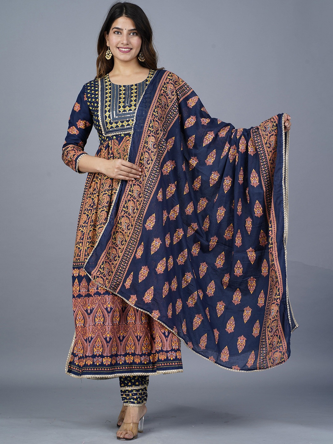 

KALINI Ethnic Motifs Printed Sequinned Detail Kurta with Trousers & Dupatta, Blue
