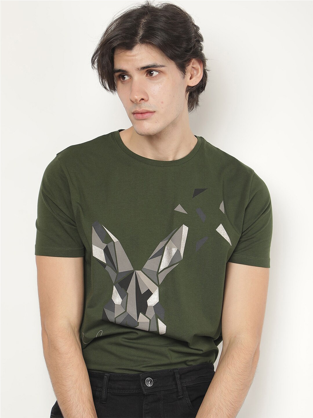 

RARE RABBIT Men Polys 3 Graphic Printed Cotton Slim Fit T-Shirt, Green