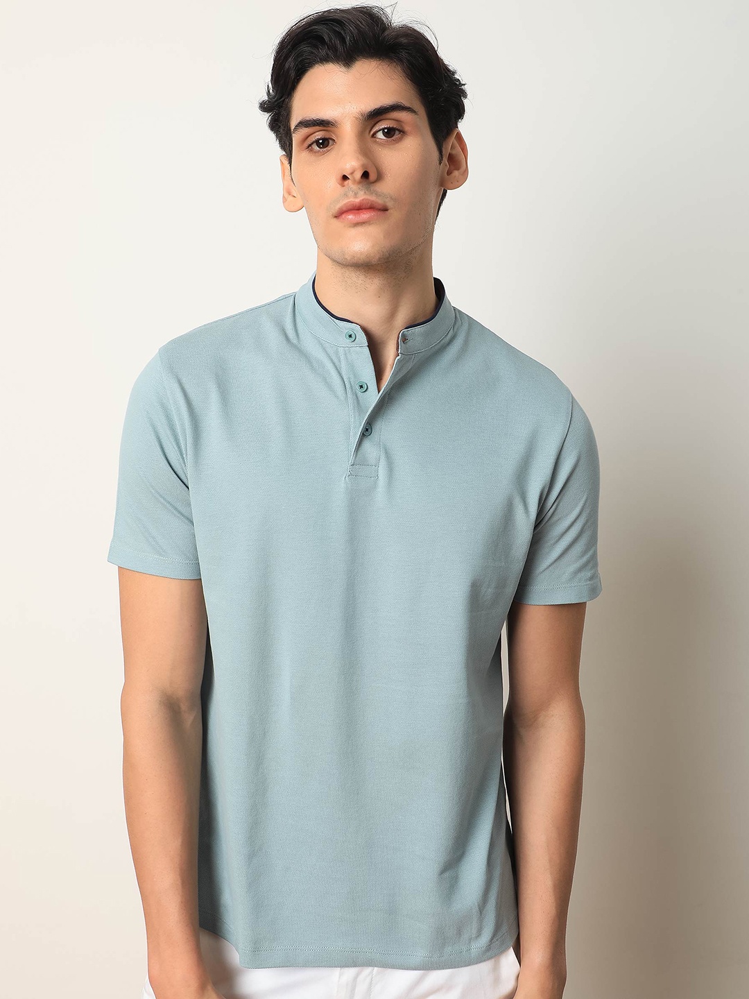 

RARE RABBIT Men Barrie Mandarin Collar Cotton Slim Fit T-Shirt, Green