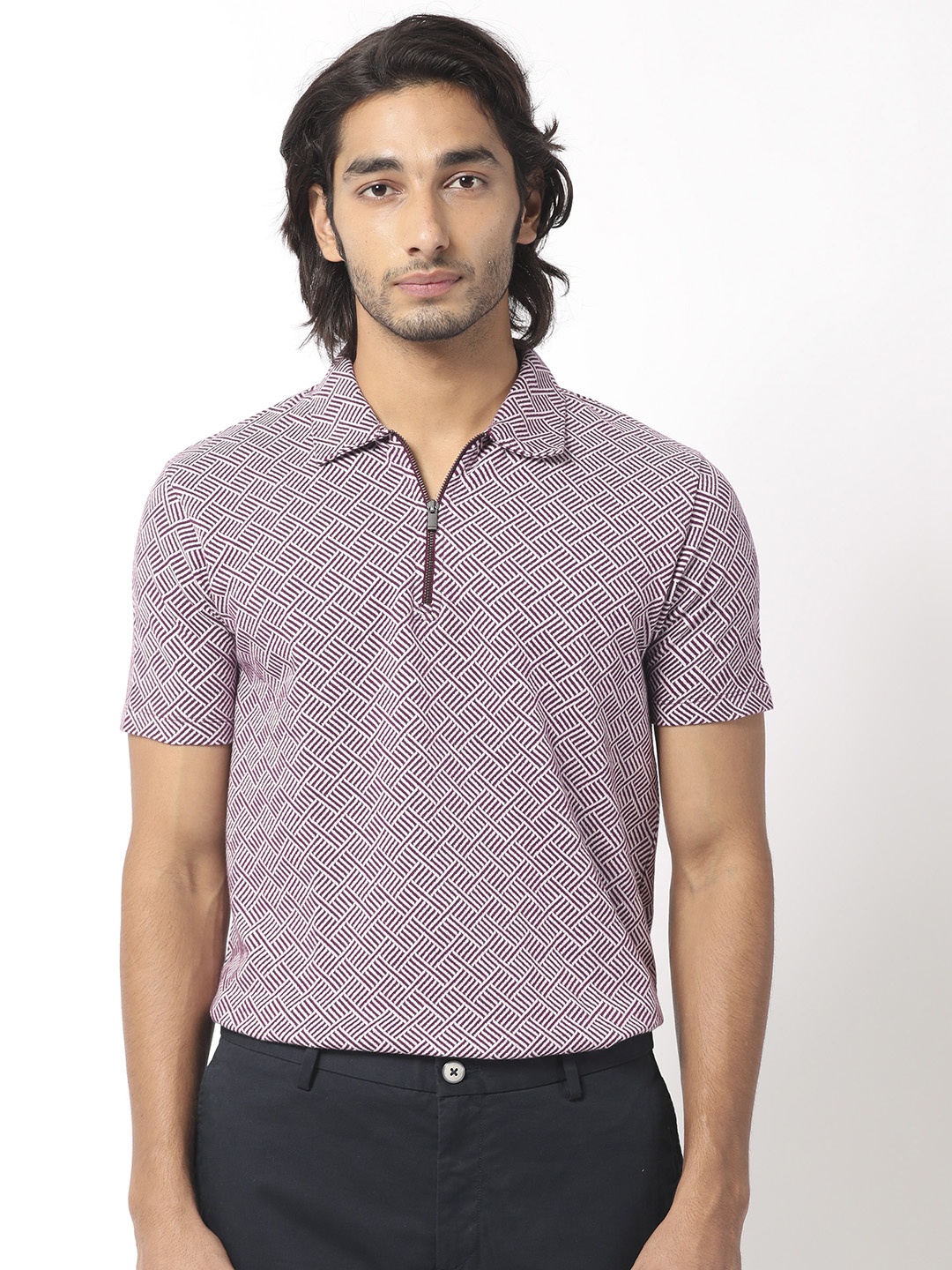

RARE RABBIT Men Cabetta Geometric Printed Polo Collar Cotton Slim Fit T-Shirt, Purple