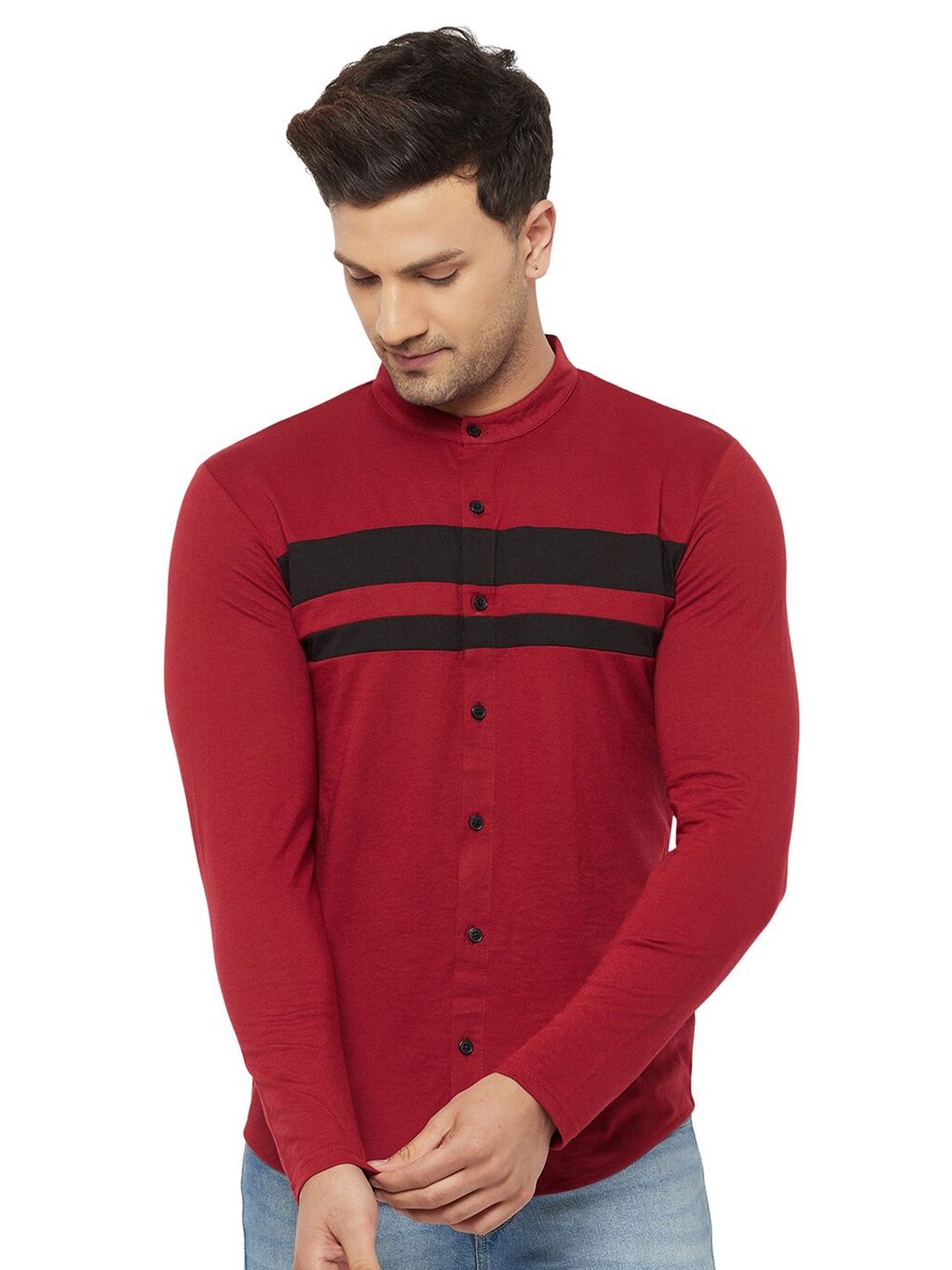 

GLITO Comfort Striped Mandarin Collar Cotton Casual Shirt, Red