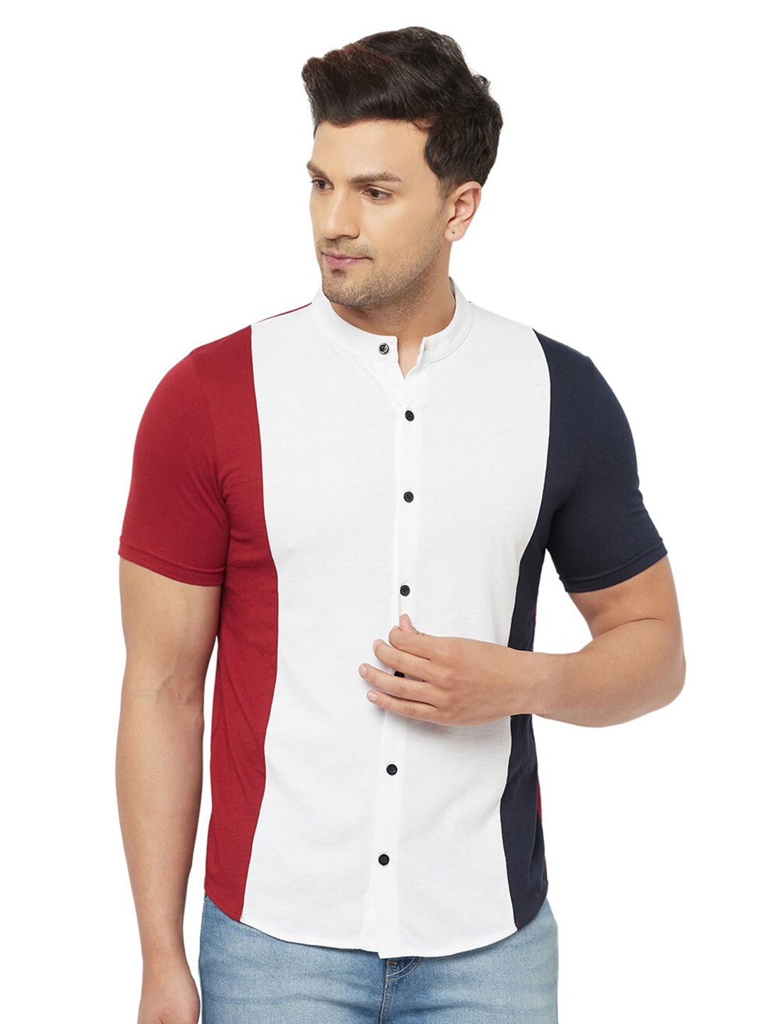 

GLITO Comfort Colourblocked Mandarin Collar Cotton Casual Shirt, Maroon