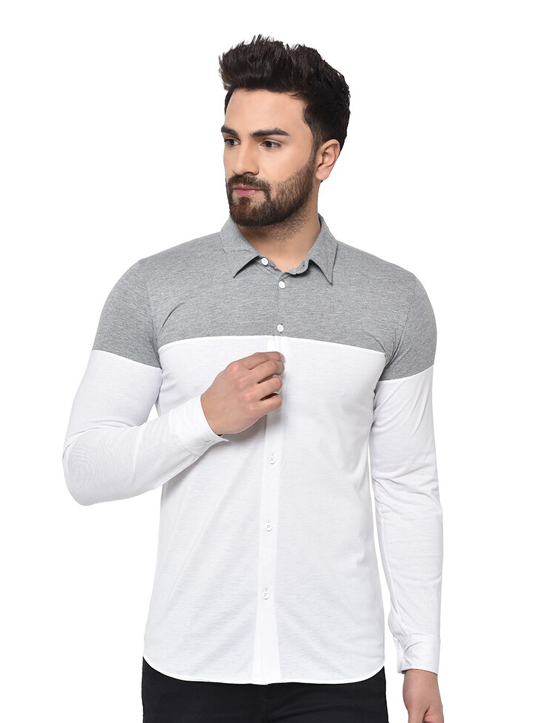 

GLITO Comfort Colourblocked Spread Collar Cotton Casual Shirt, White