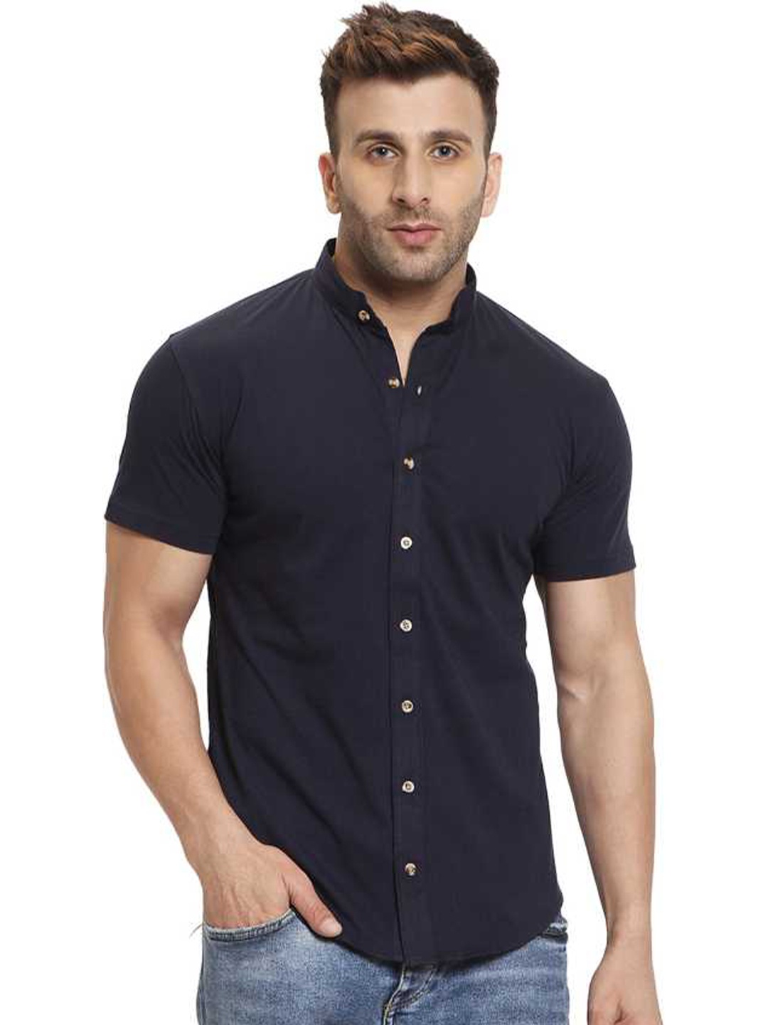 

GLITO Comfort Mandarin Collar Cotton Casual Shirt, Navy blue