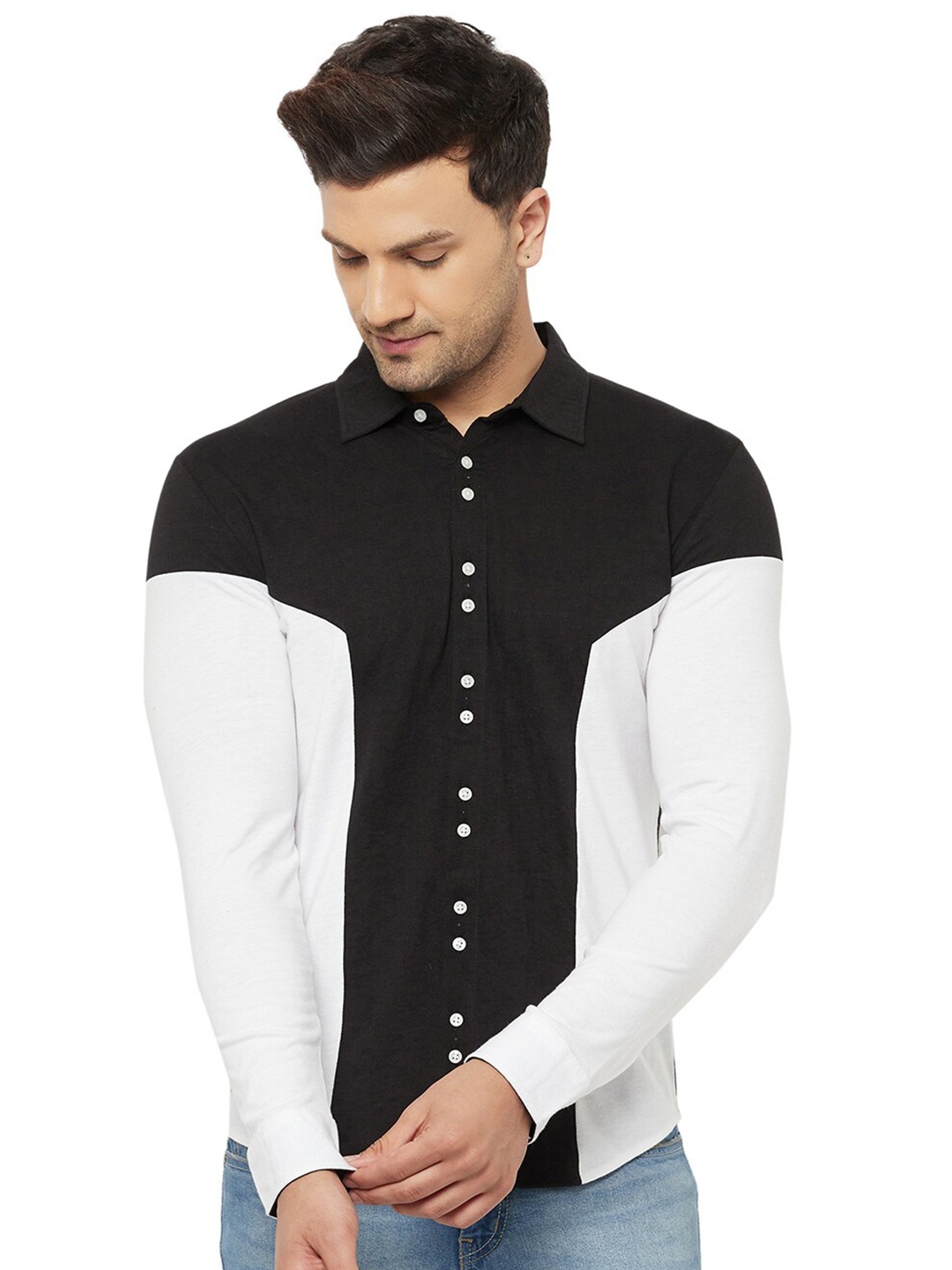 

GLITO Comfort Colourblocked Spread Collar Cotton Casual Shirt, Black