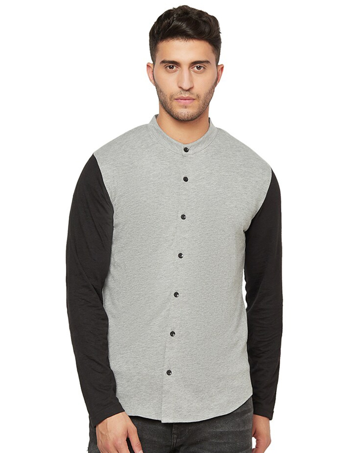 

GLITO Comfort Band Collar Cotton Casual Shirt, Grey