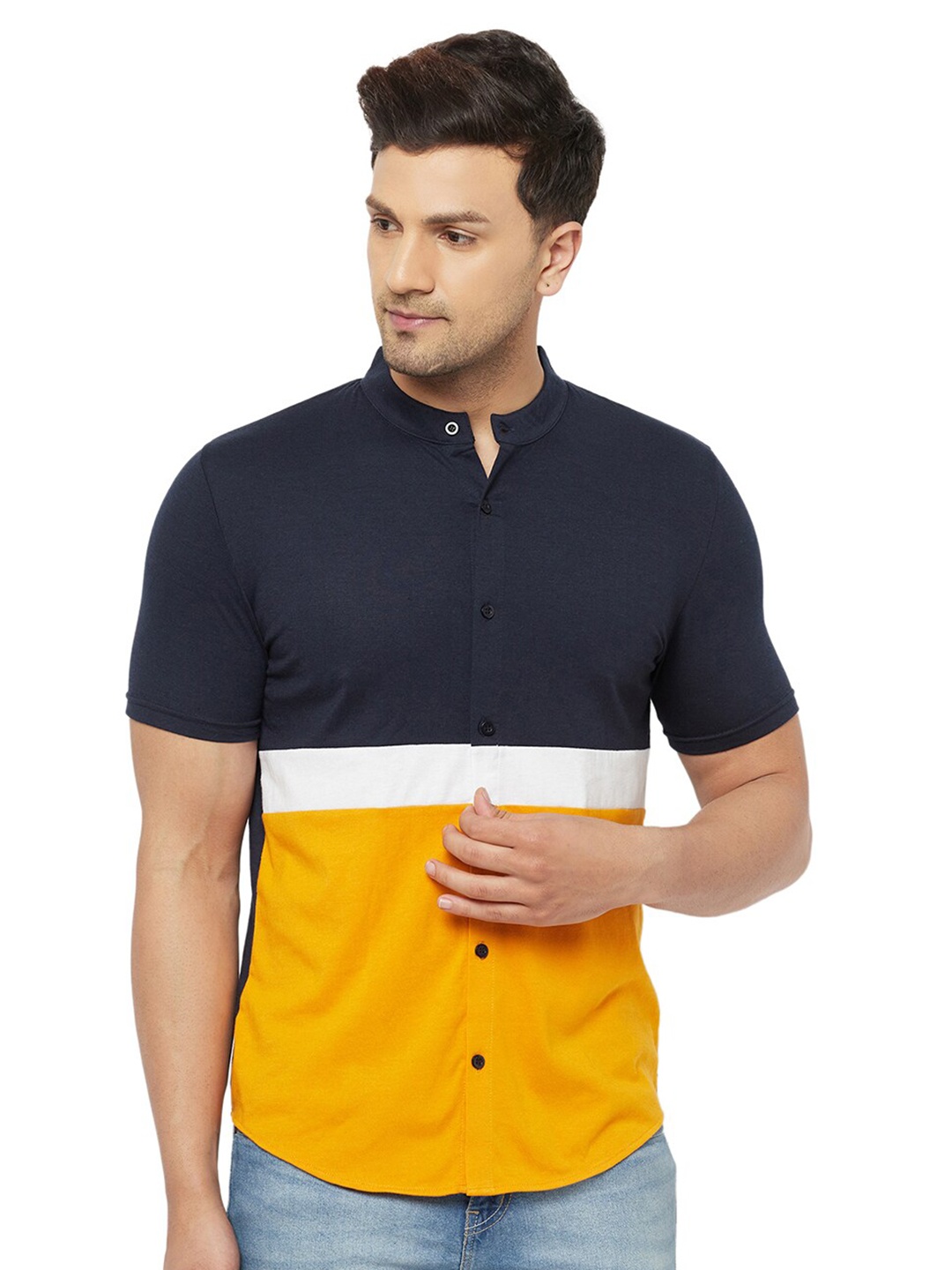 

GLITO Comfort Colourblocked Band Collar Cotton Shirt, Navy blue
