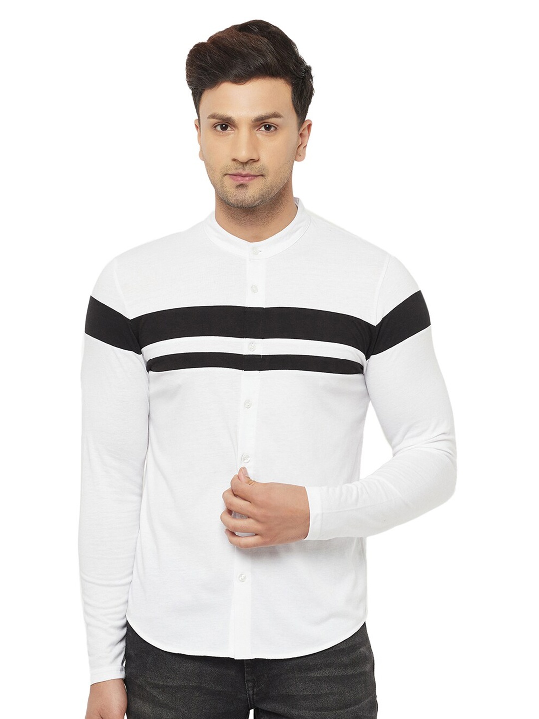 

GLITO Comfort Striped Band Collar Cotton Casual Shirt, White